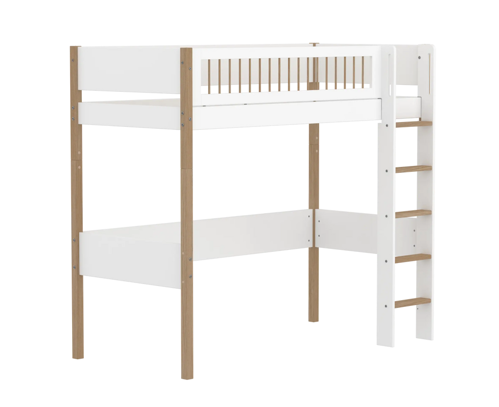 Lit surélevé 184 cm avec échelle et barrière de sécurité, 90x200 cm, Blanc/Chêne