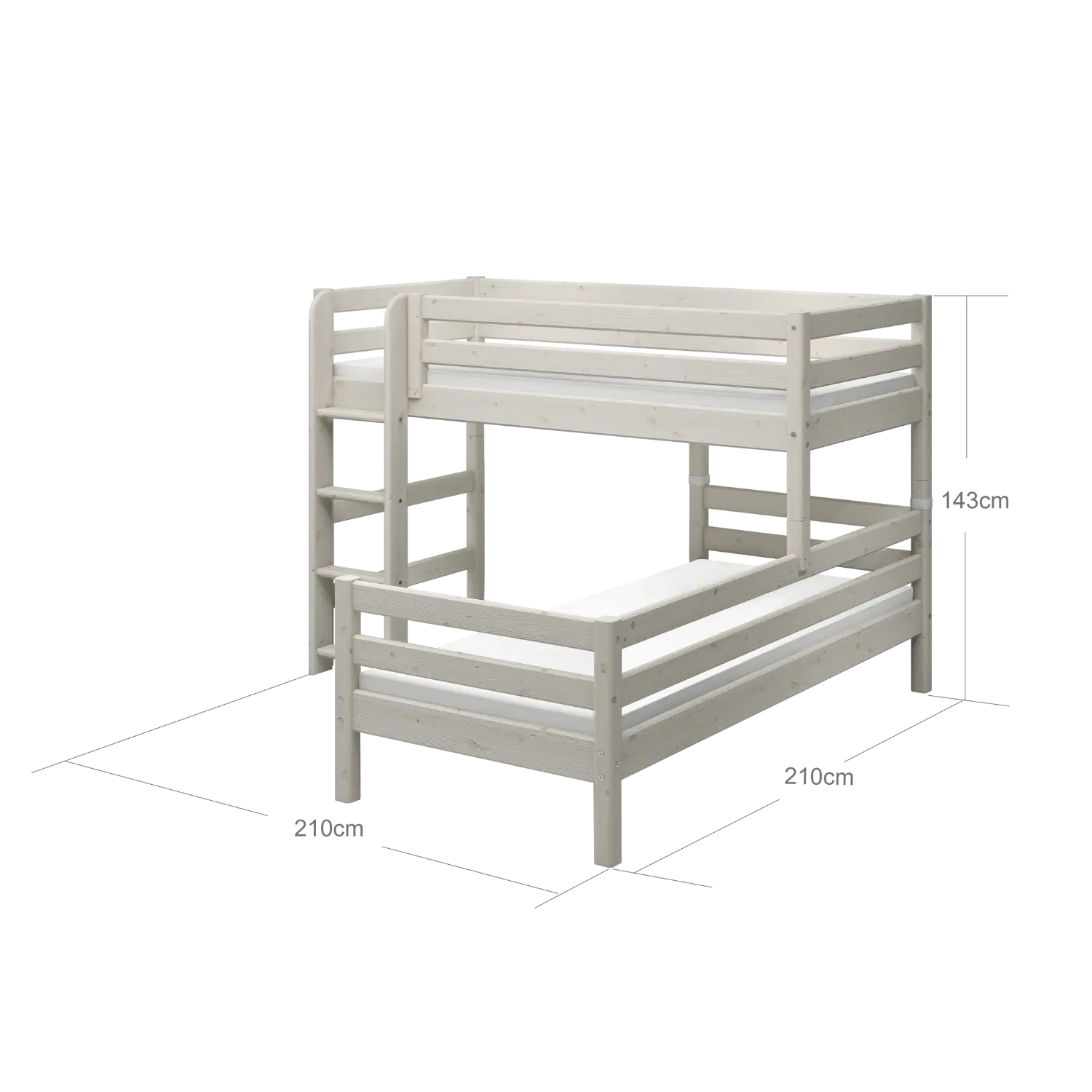 Lit superposé 143 cm avec échelle et barrière de sécurité, 90x200 cm, Blanc