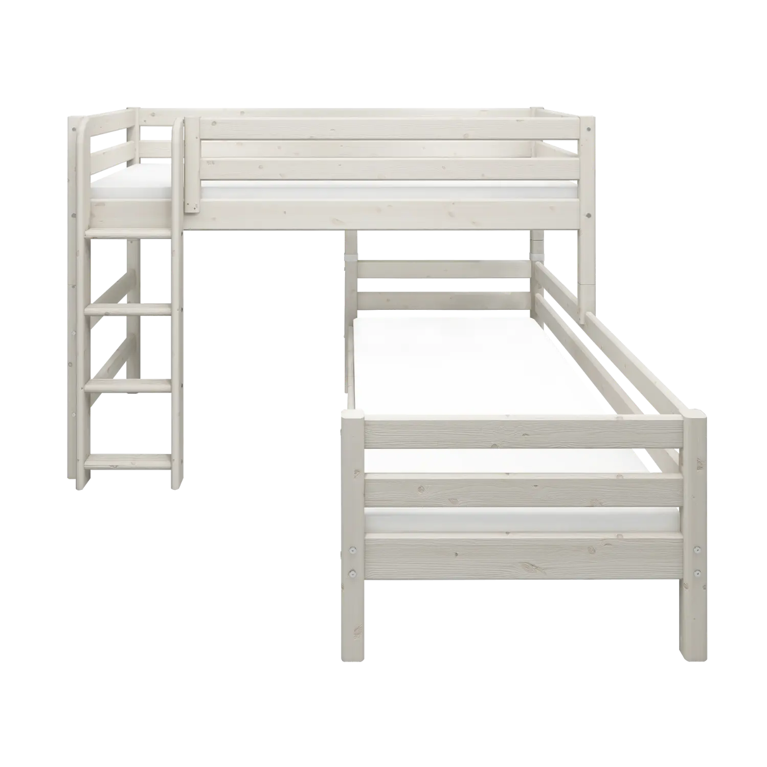 Lit superposé 143 cm avec échelle et barrière de sécurité, 90x200 cm, Blanc