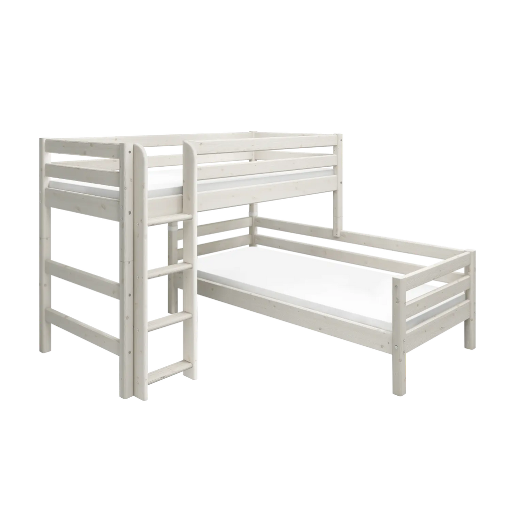 Lit superposé 143 cm avec échelle et barrière de sécurité, 90x200 cm, Blanc