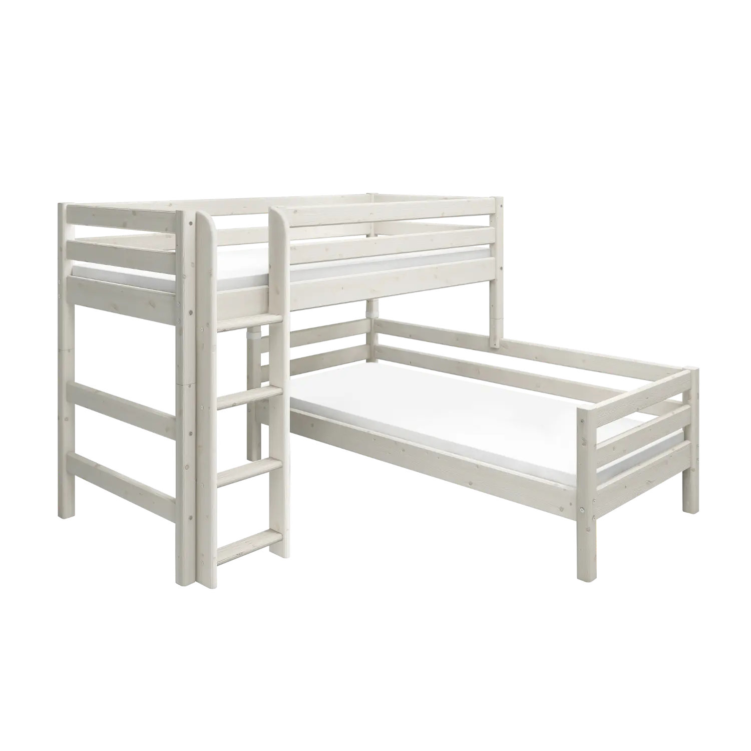 Lit superposé 143 cm avec échelle et barrière de sécurité, 90x200 cm, Blanc