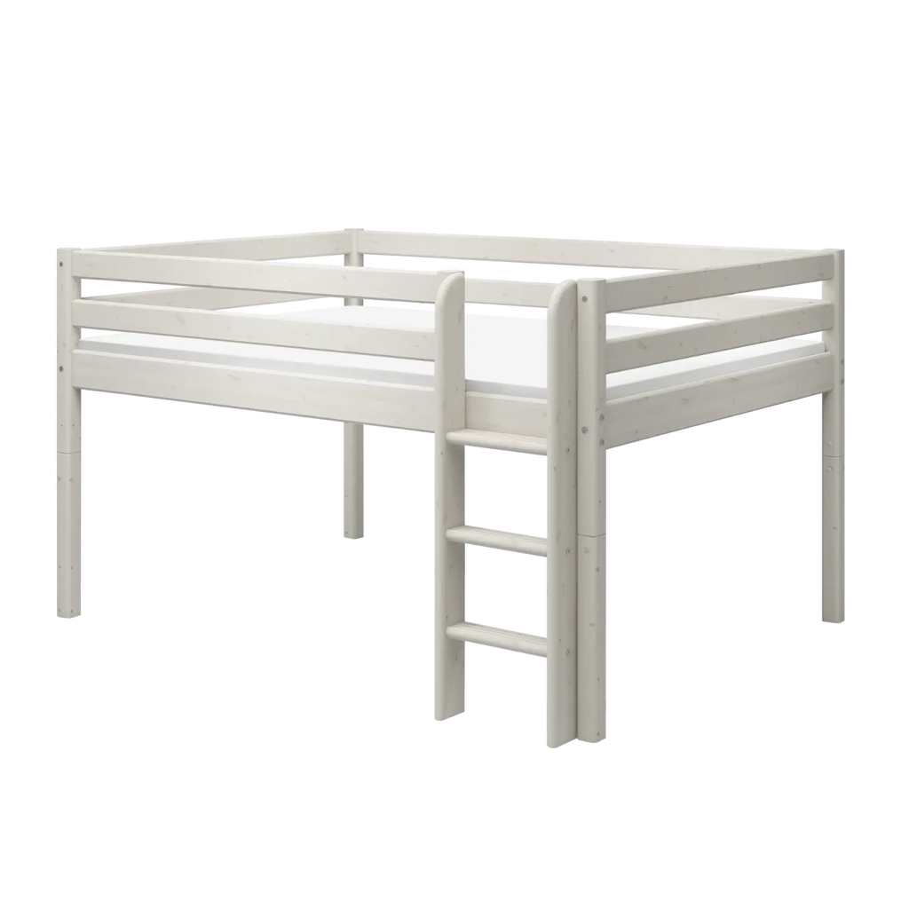 Lit mezzanine 120 cm avec barrière de sécurité et échelle, 140x200 cm, Blanc