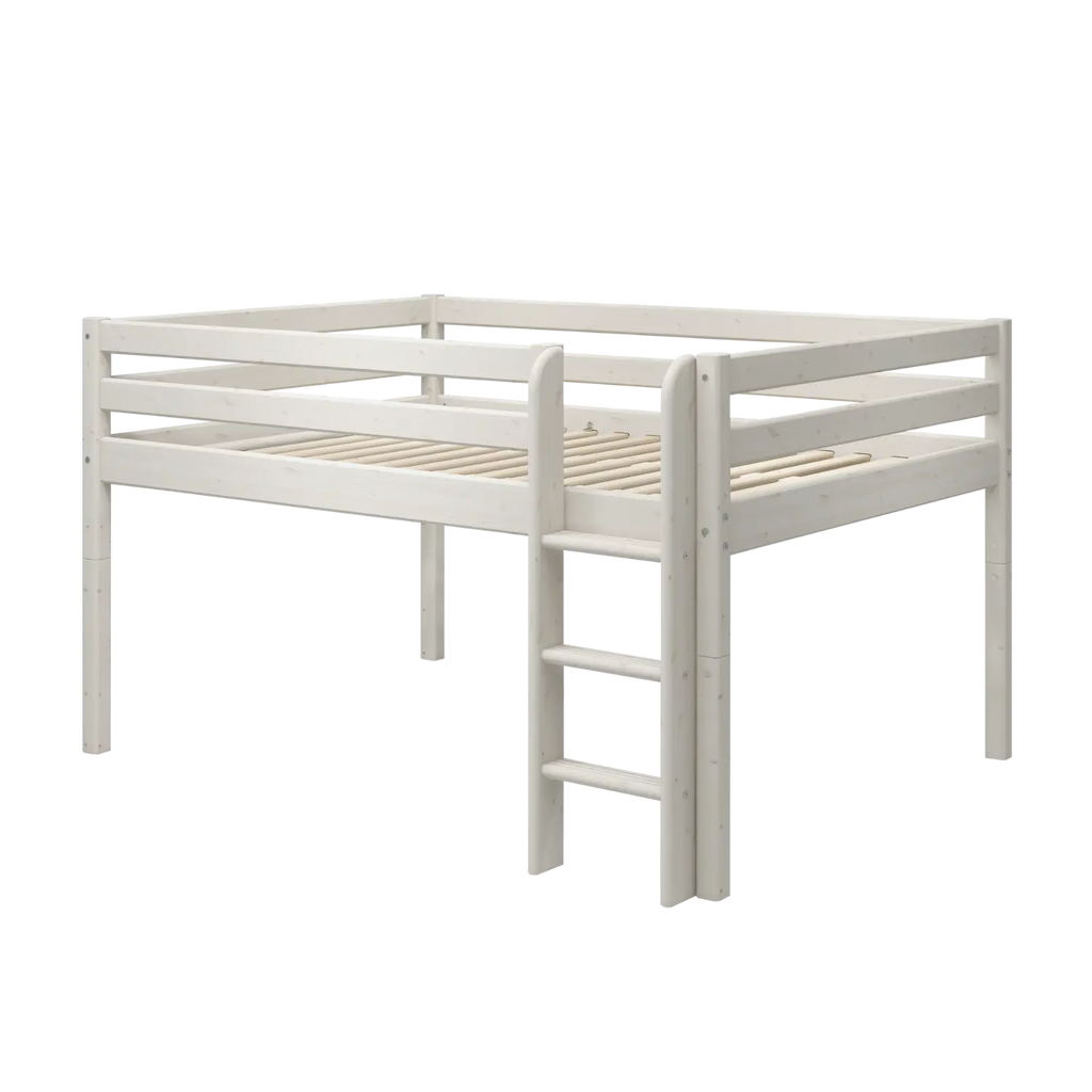 Lit mezzanine 120 cm avec barrière de sécurité et échelle, 140x200 cm, Blanc