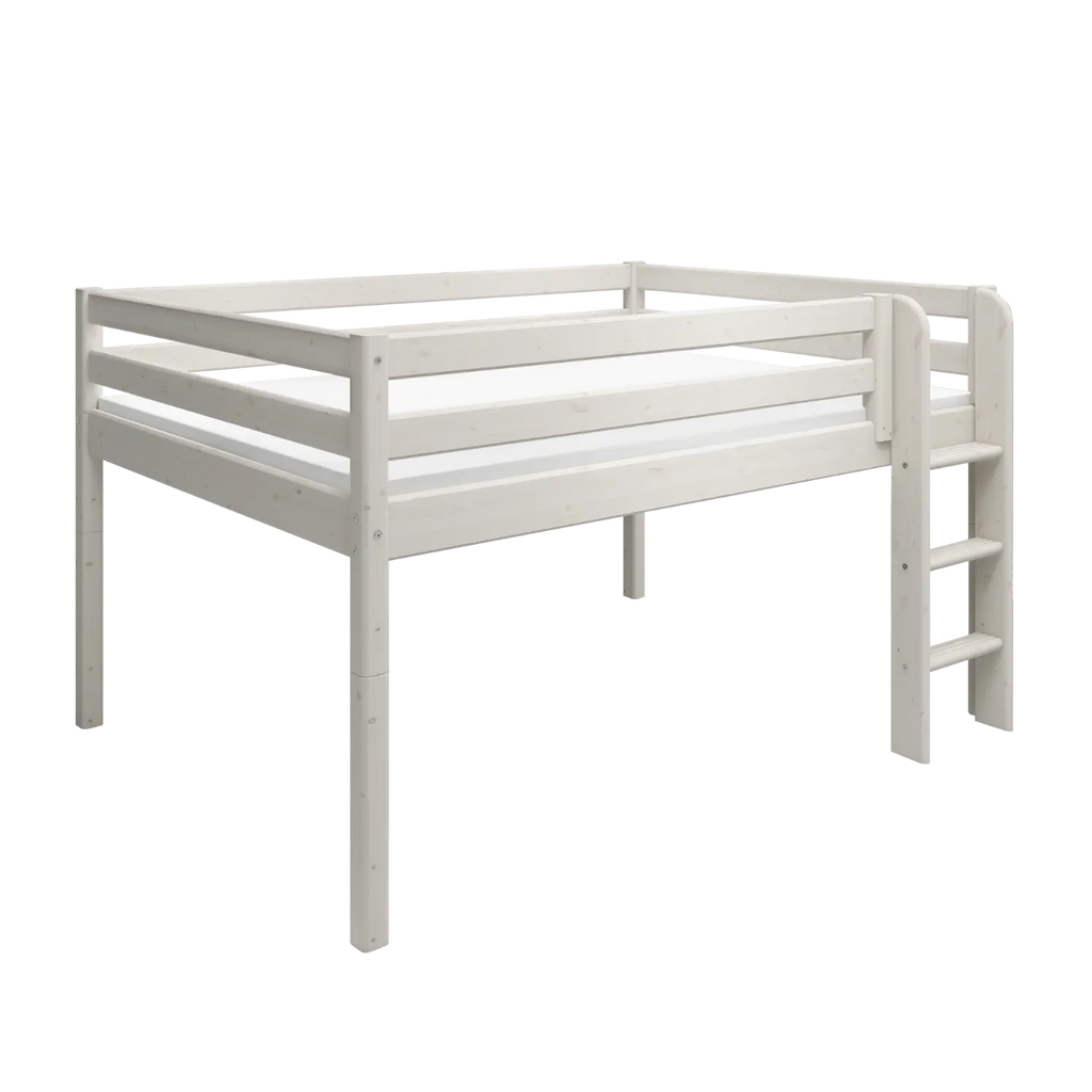 Lit mezzanine 120 cm avec barrière de sécurité et échelle, 140x200 cm, Blanc