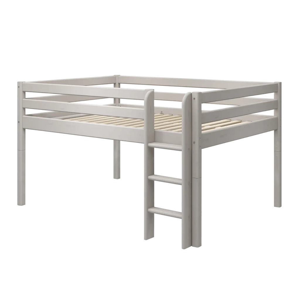 Lit surélevé 120 cm avec échelle et barrière de sécurité, 140x200 cm, gris