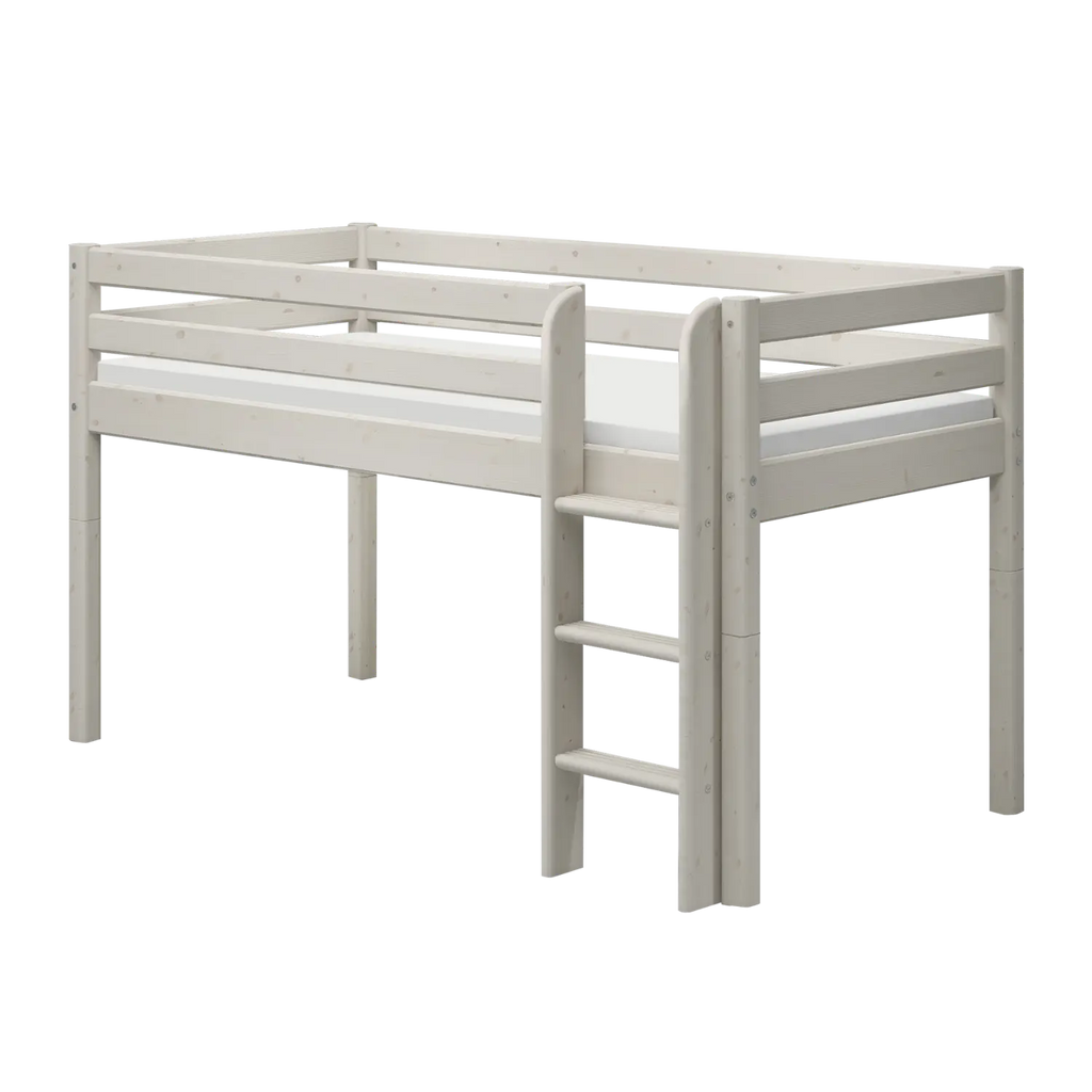Lit haut 120 cm avec barrière de sécurité et échelle, 90x200 cm, Blanc