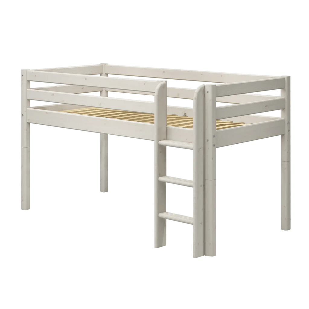Lit haut 120 cm avec barrière de sécurité et échelle, 90x200 cm, Blanc