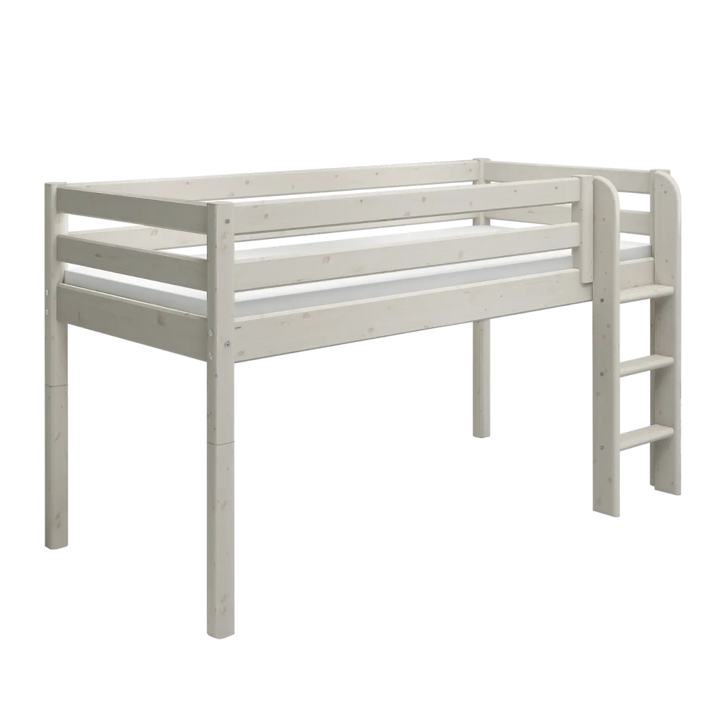 Lit haut 120 cm avec barrière de sécurité et échelle, 90x200 cm, Blanc
