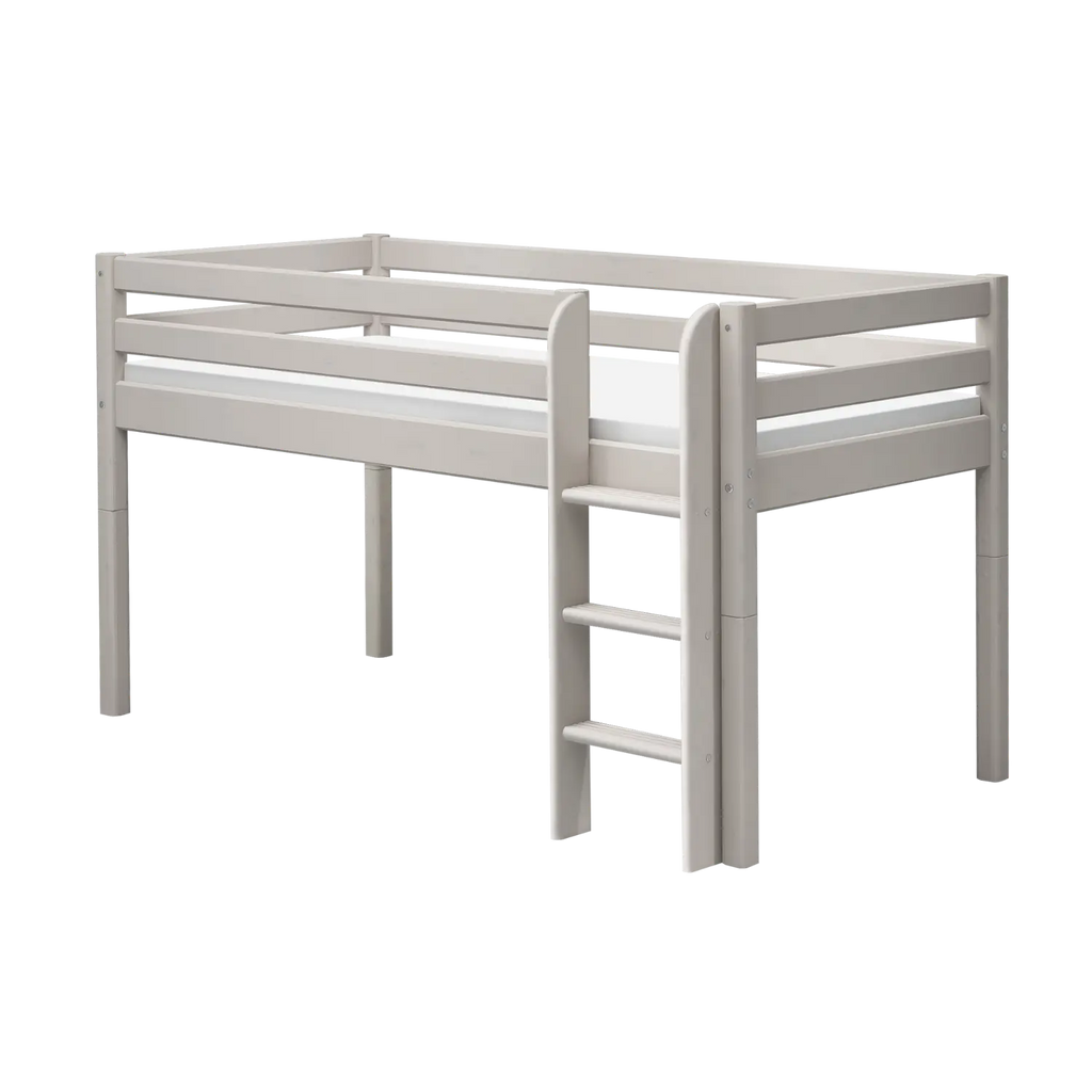Lit surélevé 120 cm avec échelle et barrière de sécurité, 90x200 cm, Gris