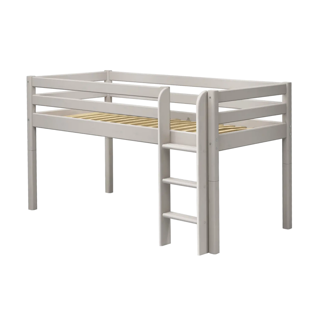 Lit surélevé 120 cm avec échelle et barrière de sécurité, 90x200 cm, Gris