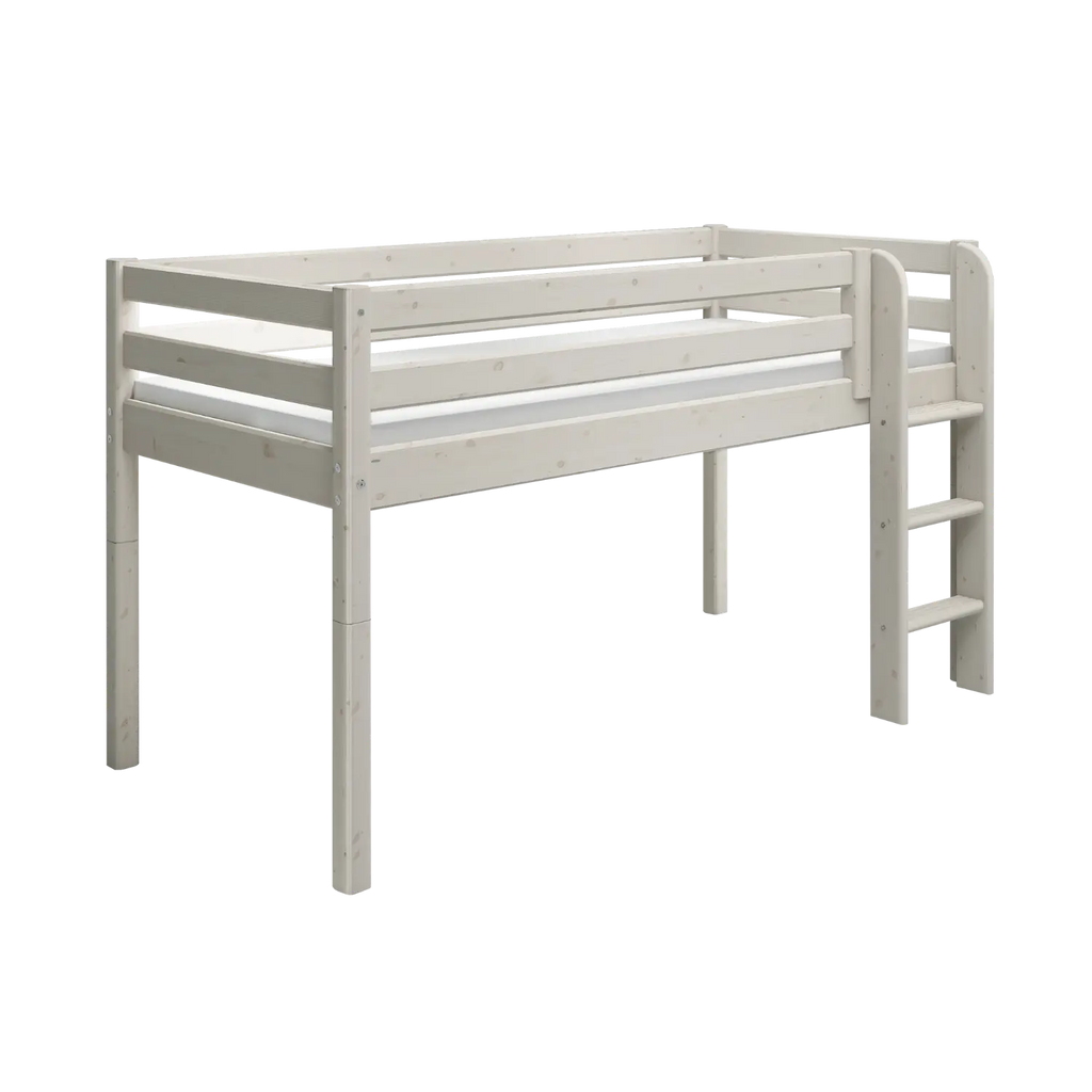 Lit surélevé 120 cm avec échelle et barrière de sécurité, 90x200 cm, Gris