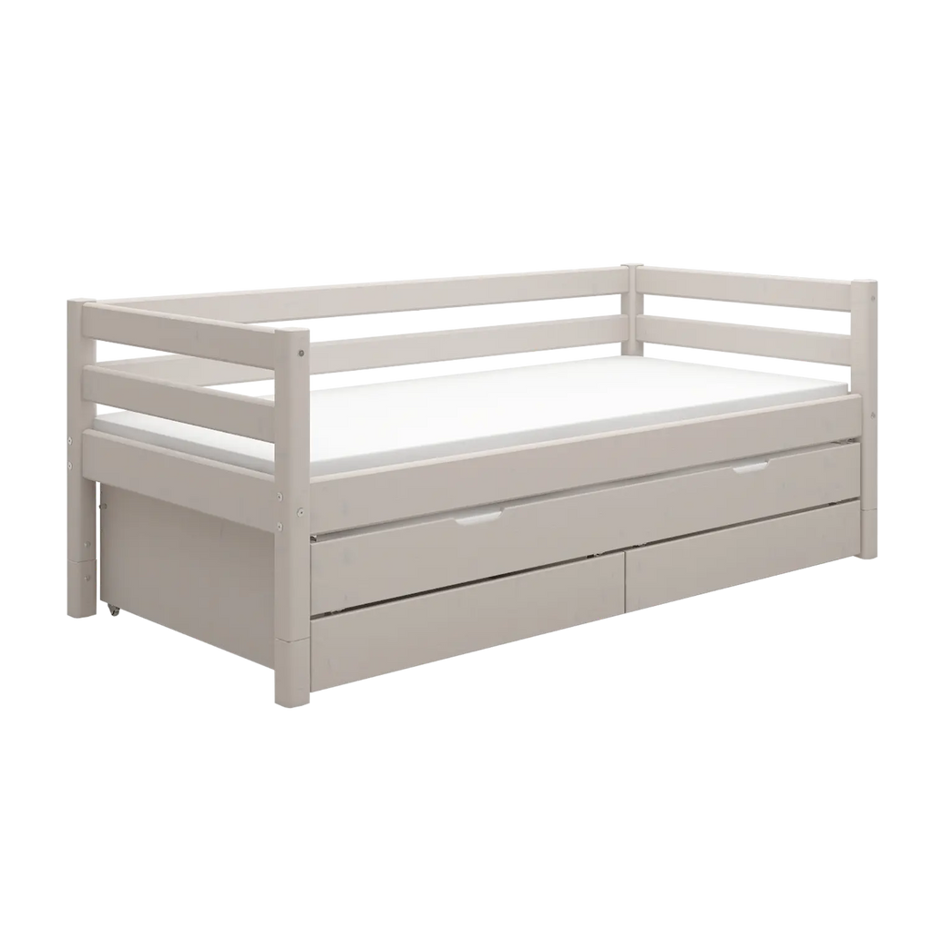 Lit simple avec lit gigogne, rangement et barrière de sécurité, 90x200 cm, Gris