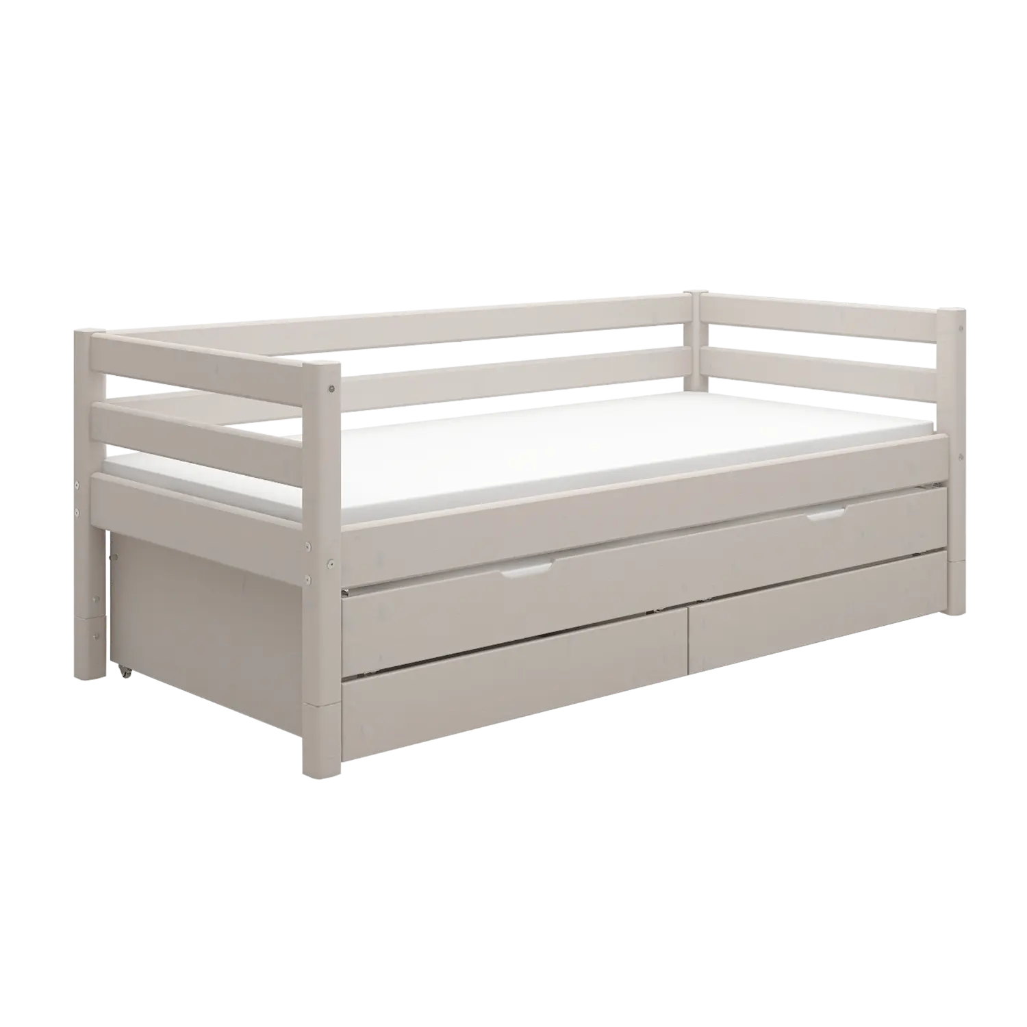 Lit simple avec lit gigogne, rangement et barrière de sécurité, 90x200 cm, Gris