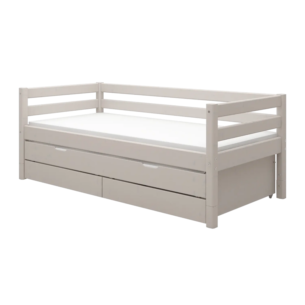 Lit simple avec lit gigogne, rangement et barrière de sécurité, 90x200 cm, Gris