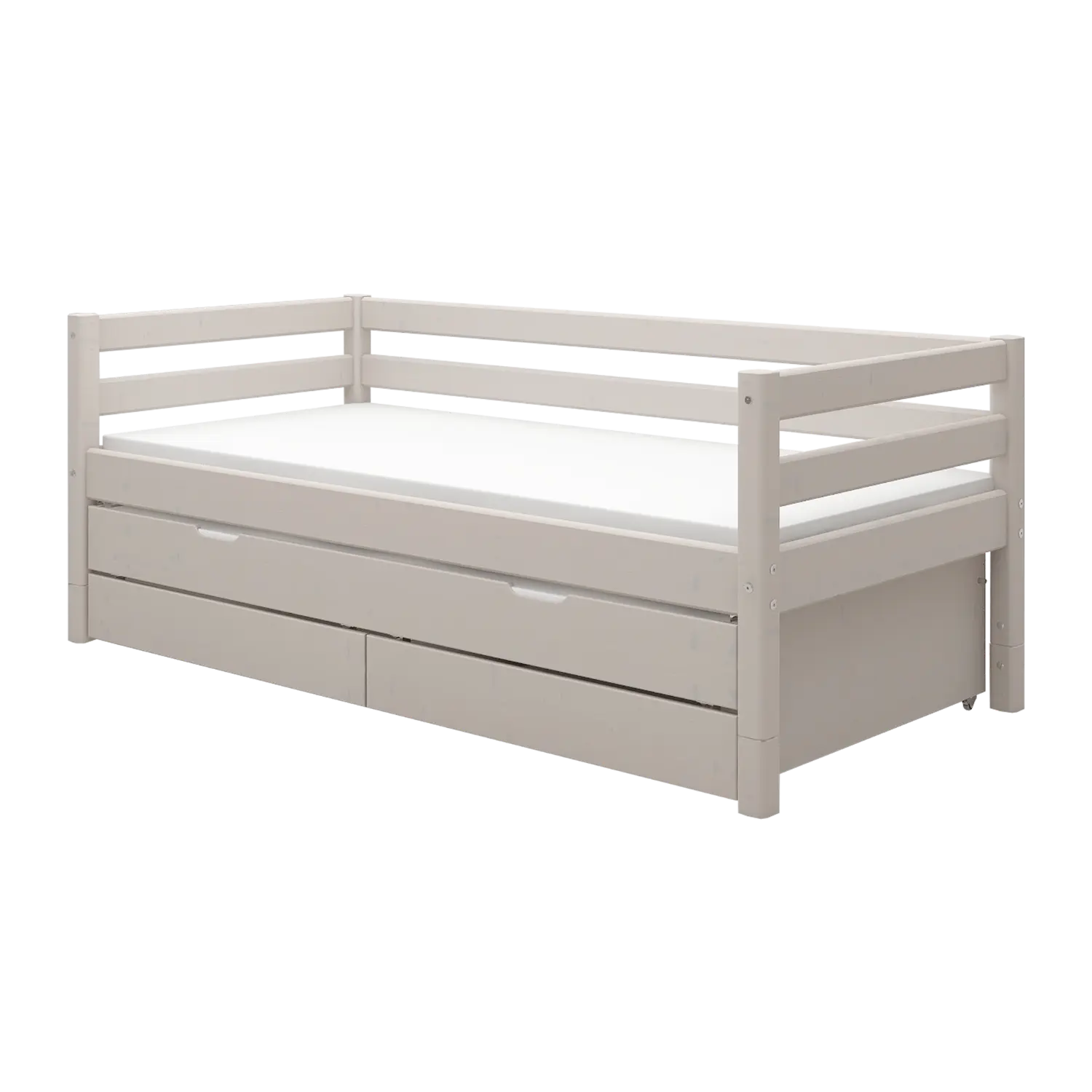 Lit simple avec lit gigogne, rangement et barrière de sécurité, 90x200 cm, Gris