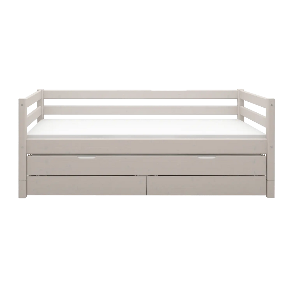 Lit simple avec lit gigogne, rangement et barrière de sécurité, 90x200 cm, Gris