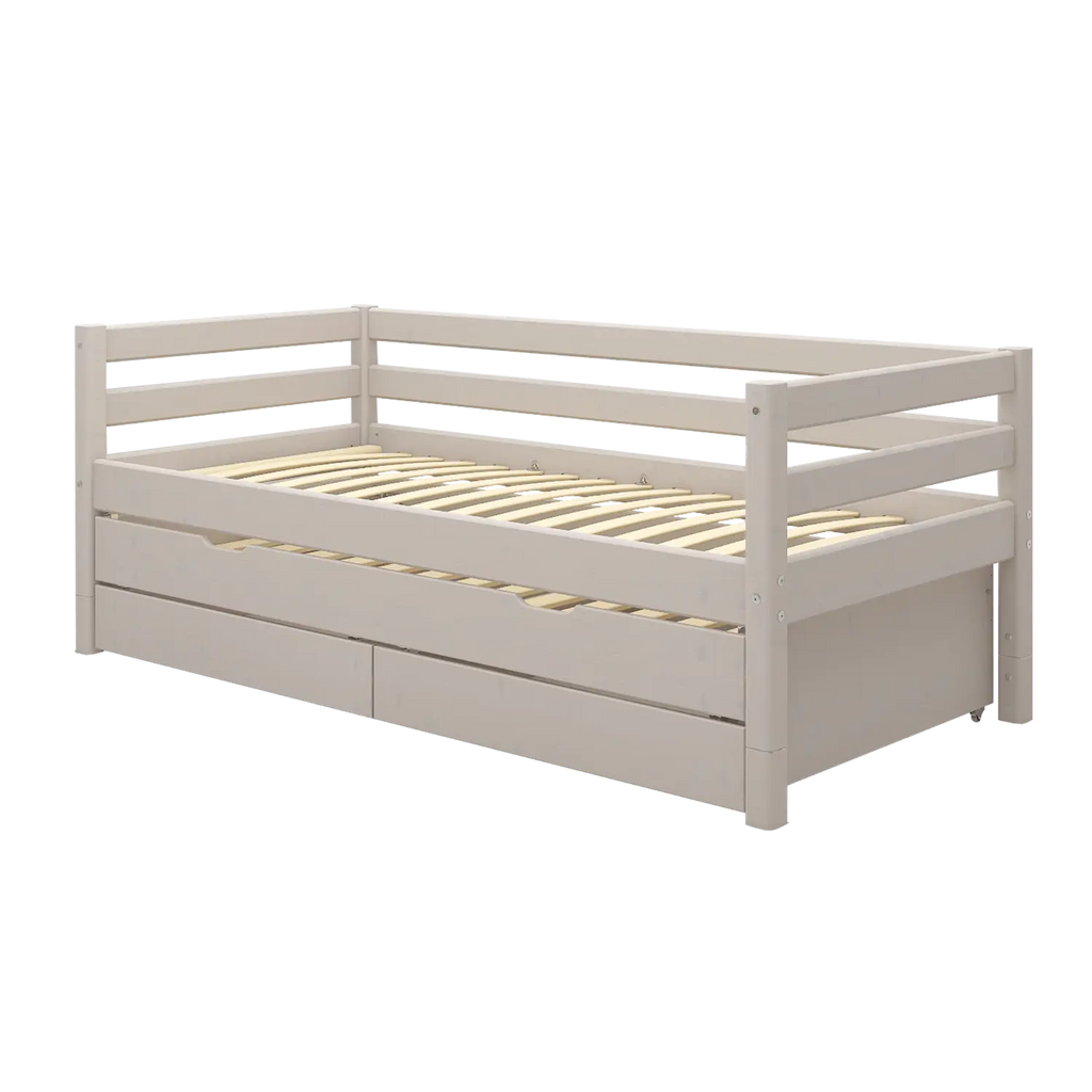 Lit simple avec lit gigogne, rangement et barrière de sécurité, 90x200 cm, Gris