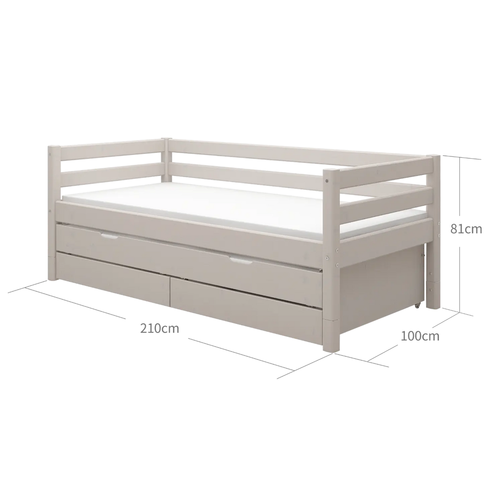 Lit simple avec lit gigogne, rangement et barrière de sécurité, 90x200 cm, Gris