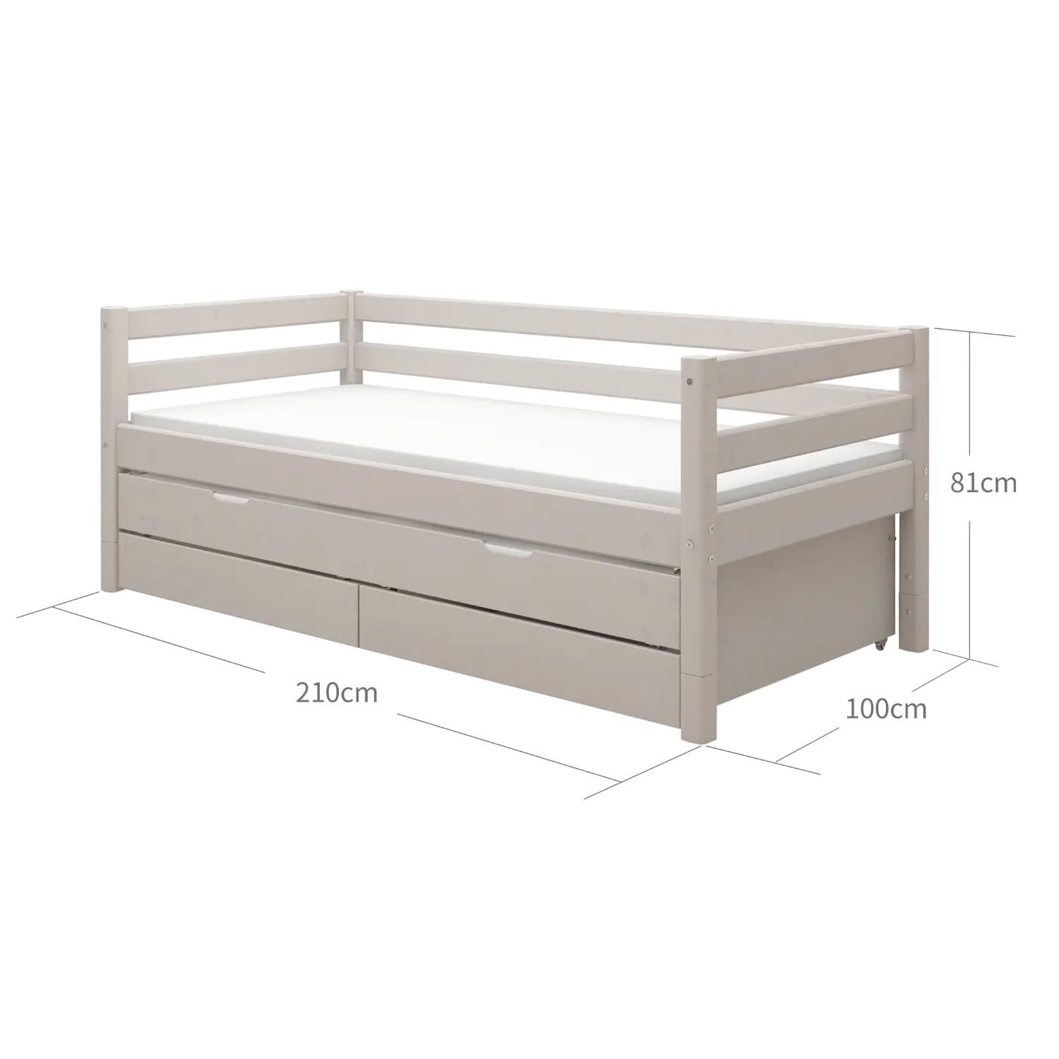 Lit simple avec lit gigogne, rangement et barrière de sécurité, 90x200 cm, Gris