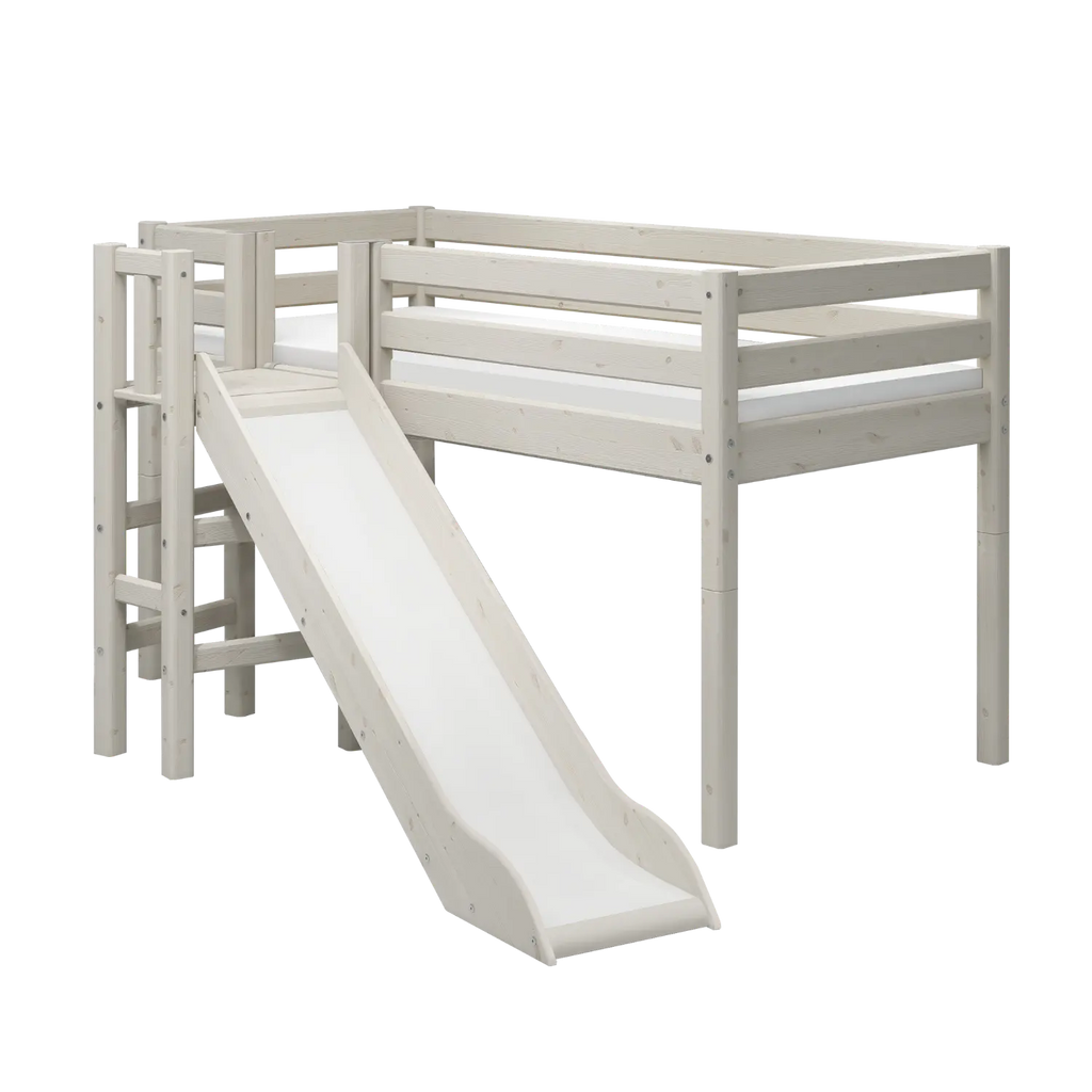 Lit mezzanine 120 cm avec toboggan et barrière de sécurité, 90x200 cm, blanc