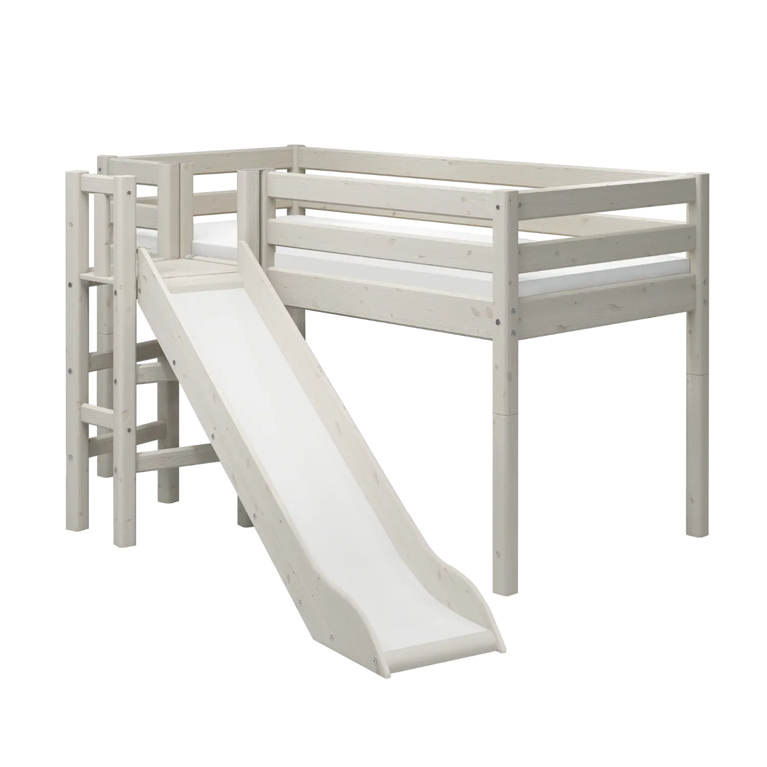 Lit mezzanine 120 cm avec toboggan et barrière de sécurité, 90x200 cm, blanc