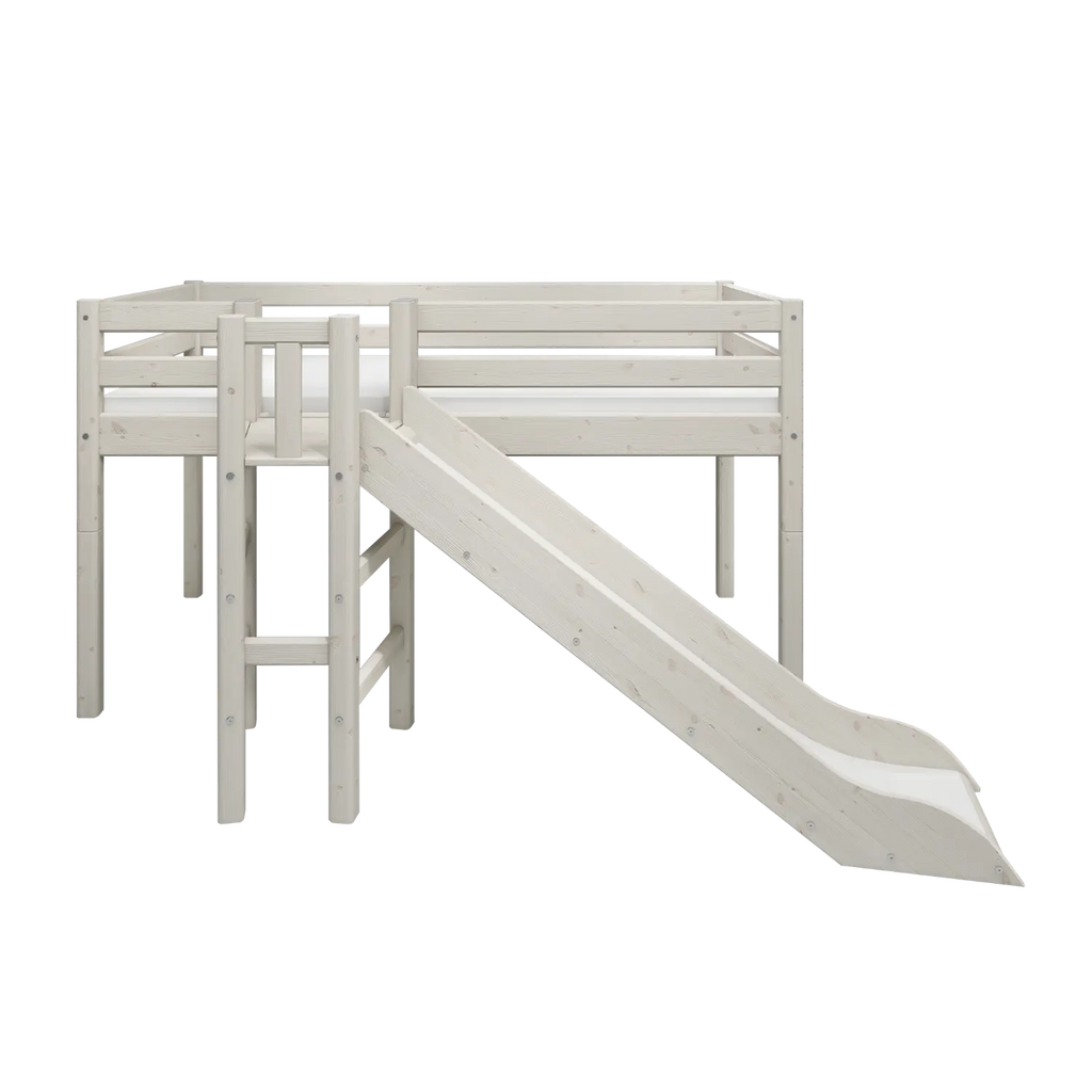 Lit mezzanine 120 cm avec toboggan et barrière de sécurité, 90x200 cm, blanc
