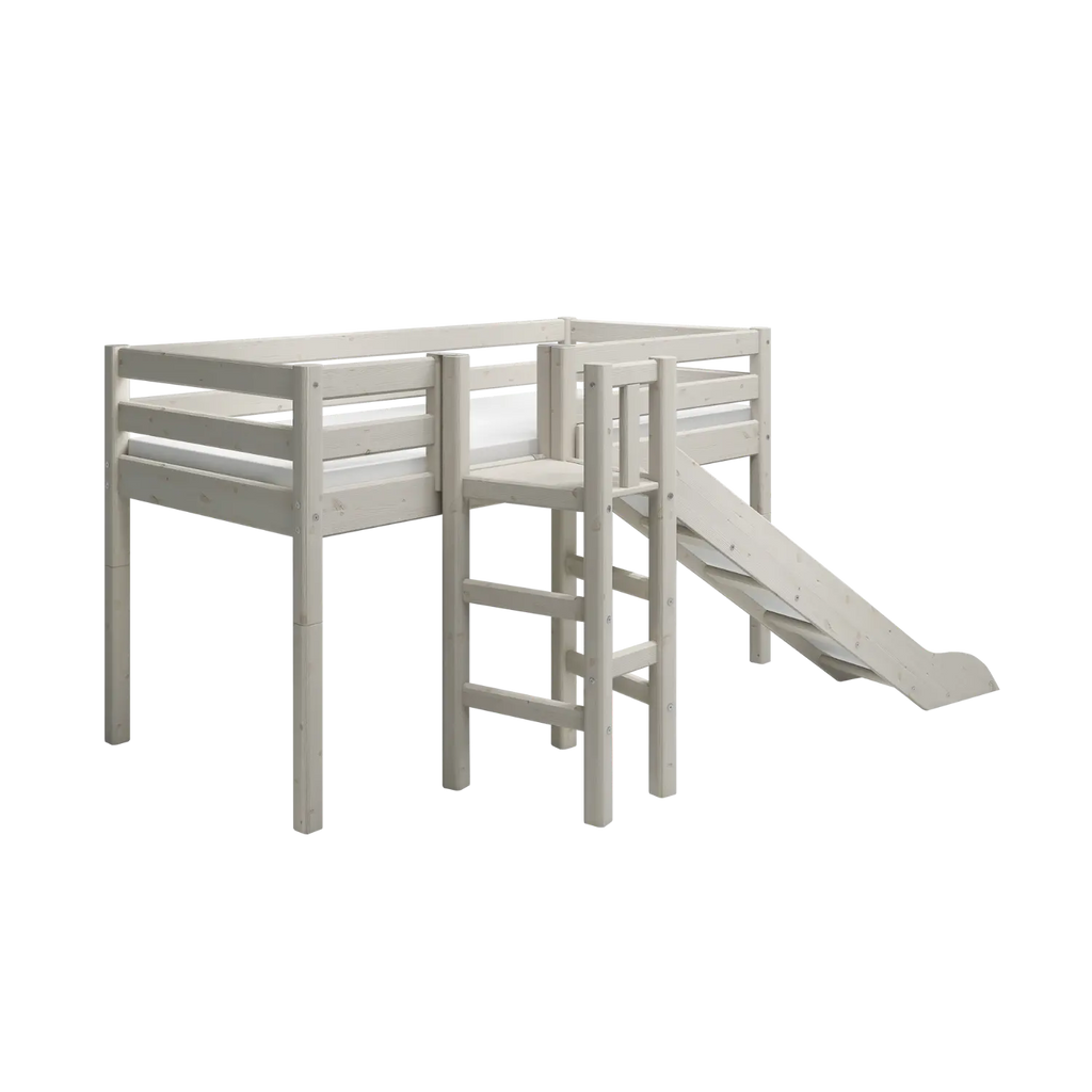 Lit mezzanine 120 cm avec toboggan et barrière de sécurité, 90x200 cm, blanc