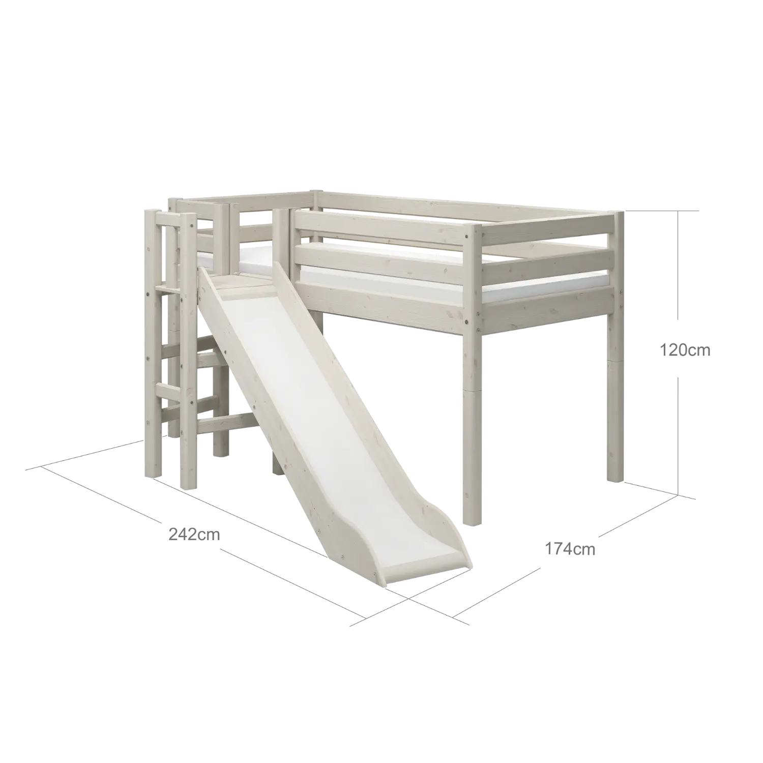 Lit mezzanine 120 cm avec toboggan et barrière de sécurité, 90x200 cm, blanc
