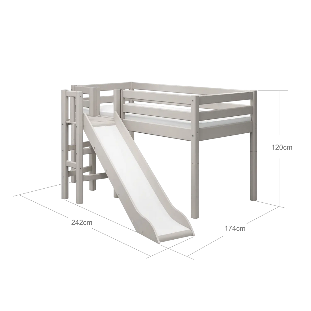 Lit mezzanine 120 cm avec toboggan et barrière de sécurité, 90x200 cm, gris
