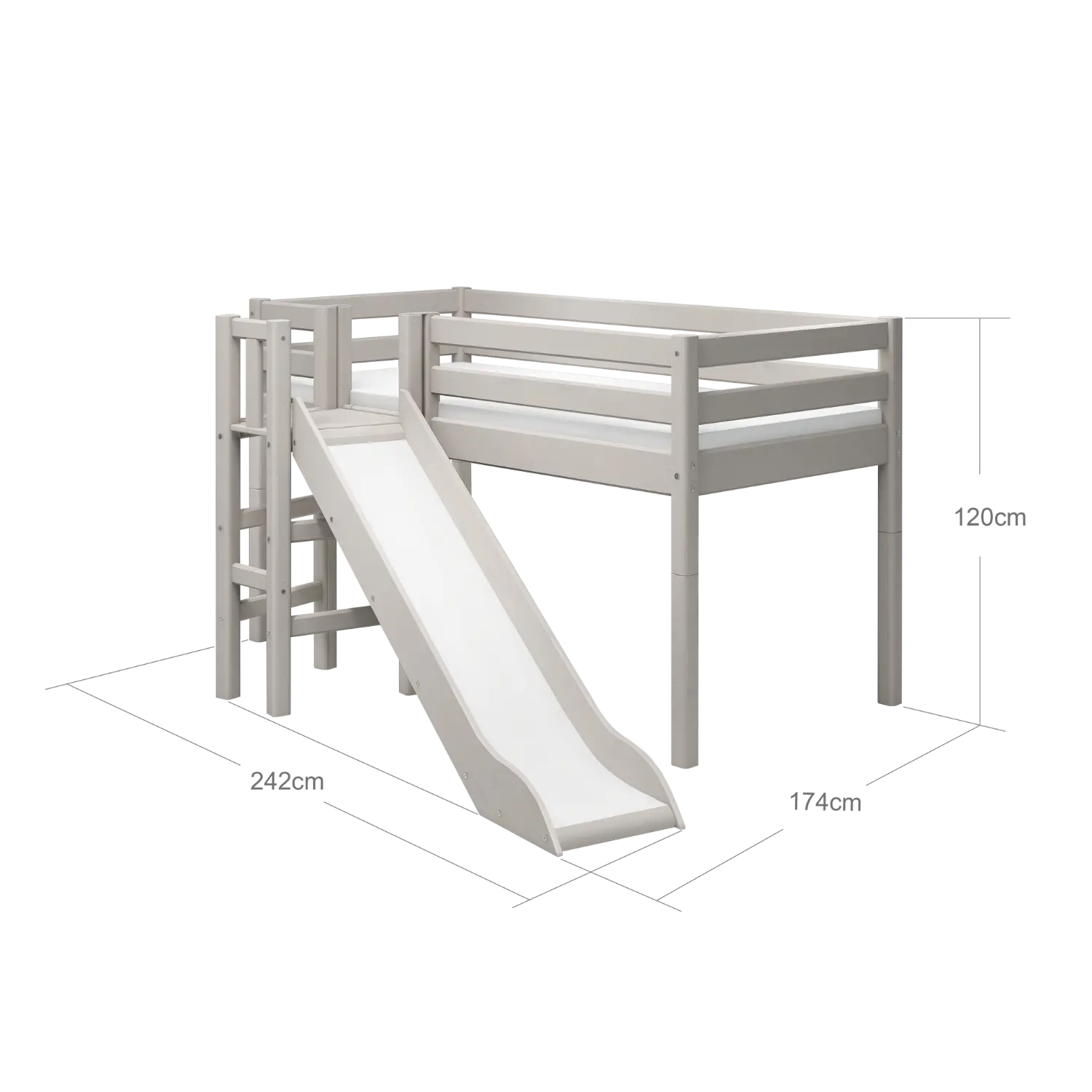 Lit mezzanine 120 cm avec toboggan et barrière de sécurité, 90x200 cm, gris