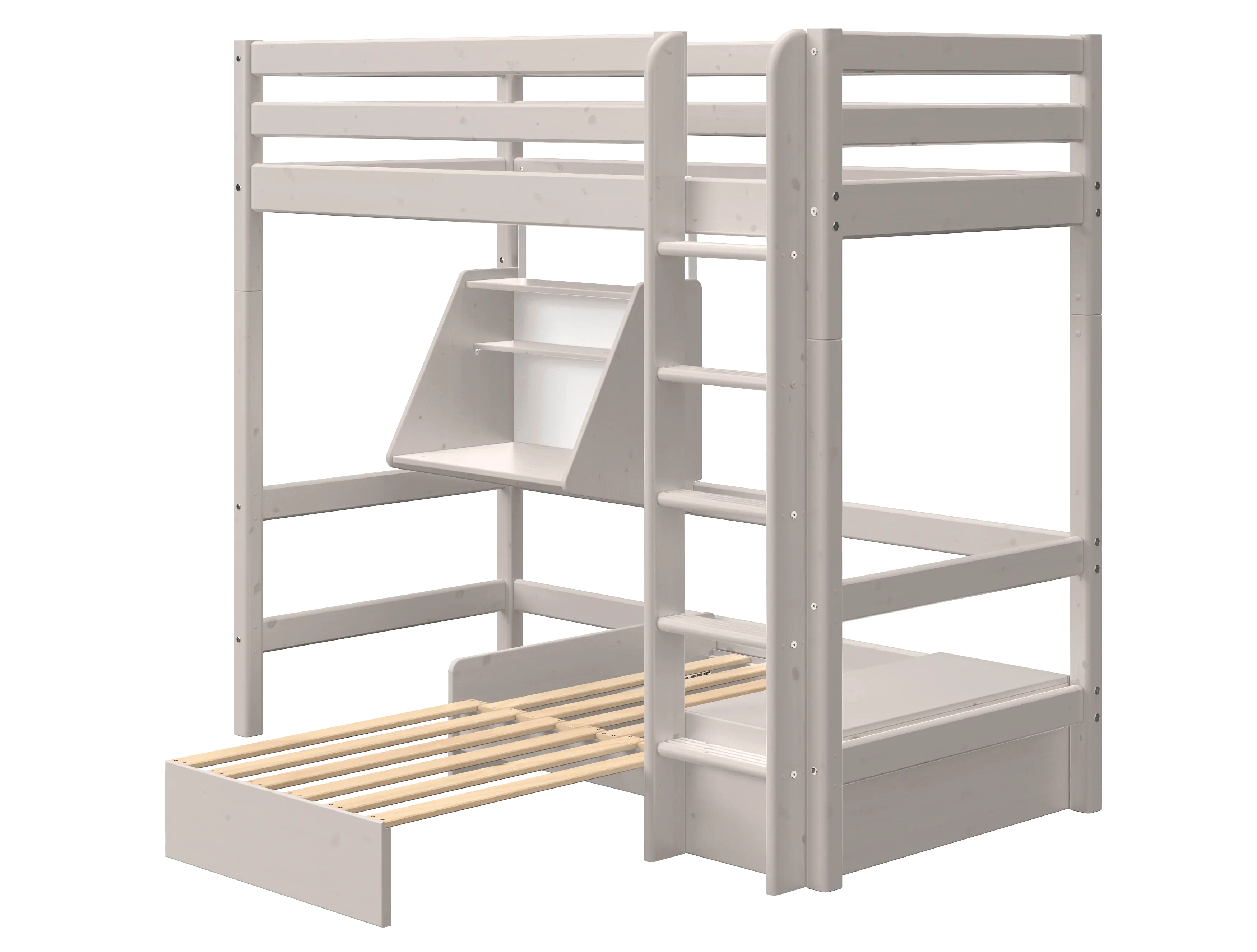Lit surélevé 184 cm avec canapé, échelle et barrière de sécurité, 90x200 cm, gris