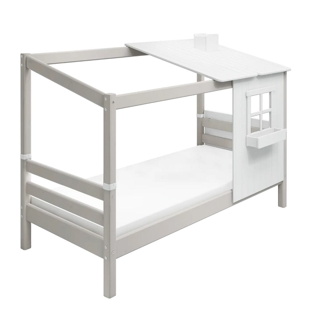 Lit simple avec 1/2 maison, 90x200 cm, Blanc/Gris