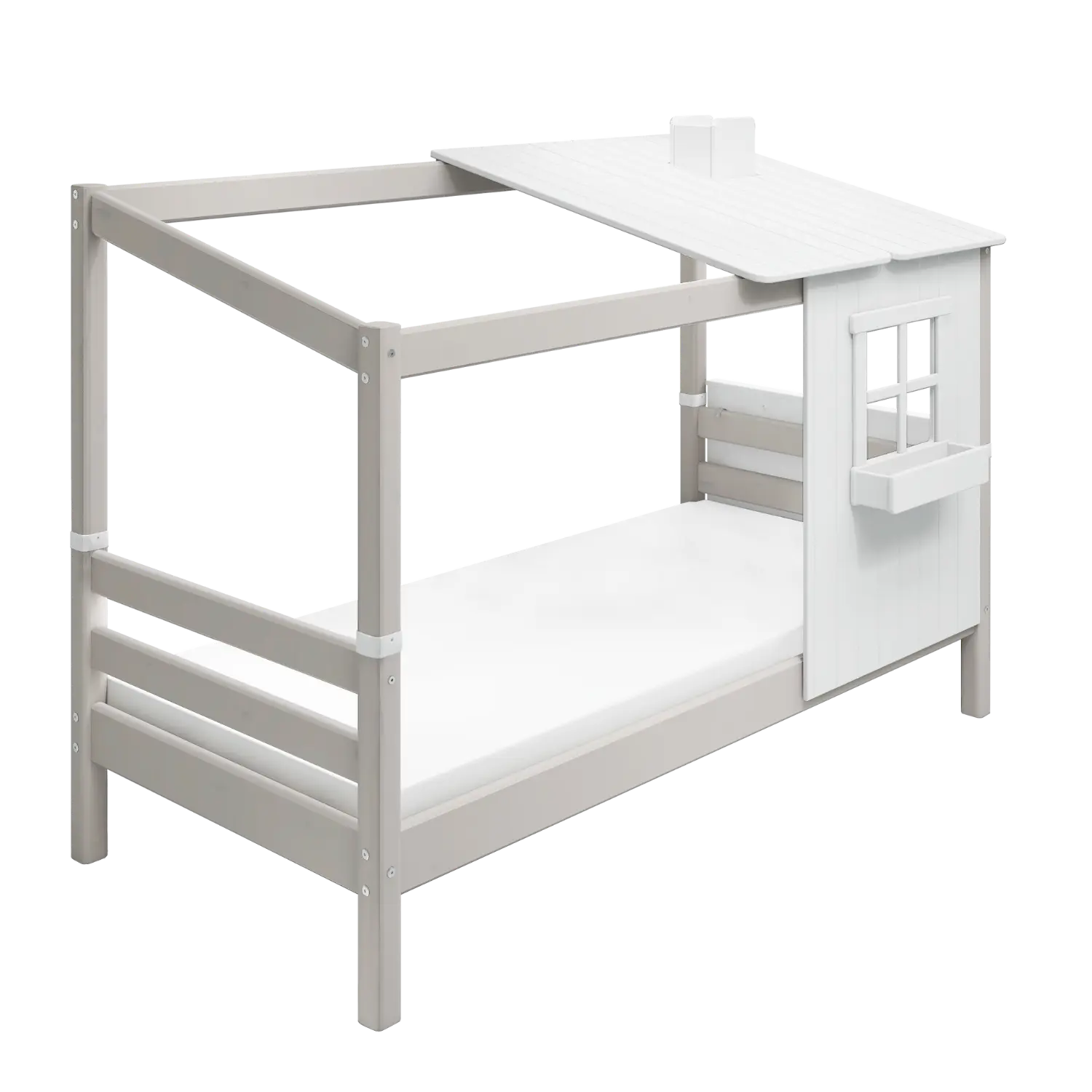 Lit simple avec 1/2 maison, 90x200 cm, Blanc/Gris