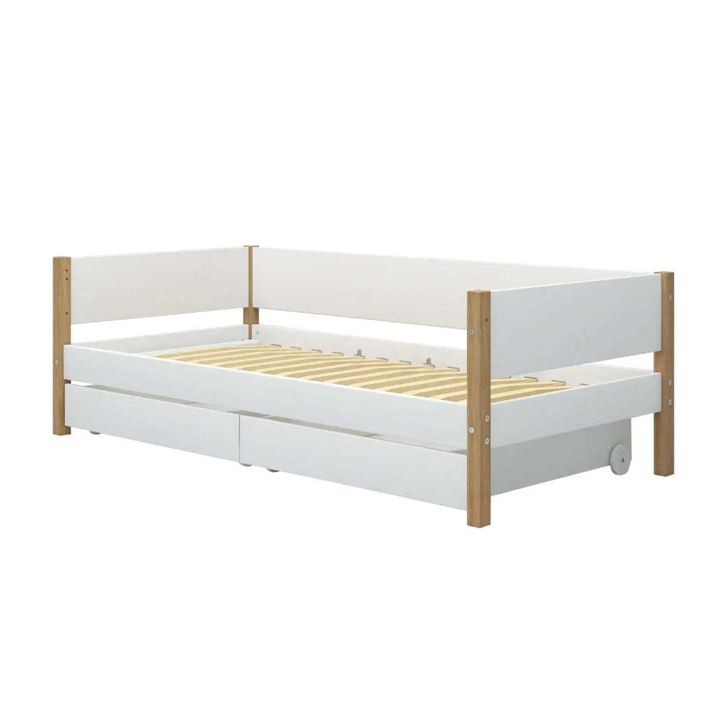 Lit simple avec rangement, 90x200 cm, Blanc/Chêne