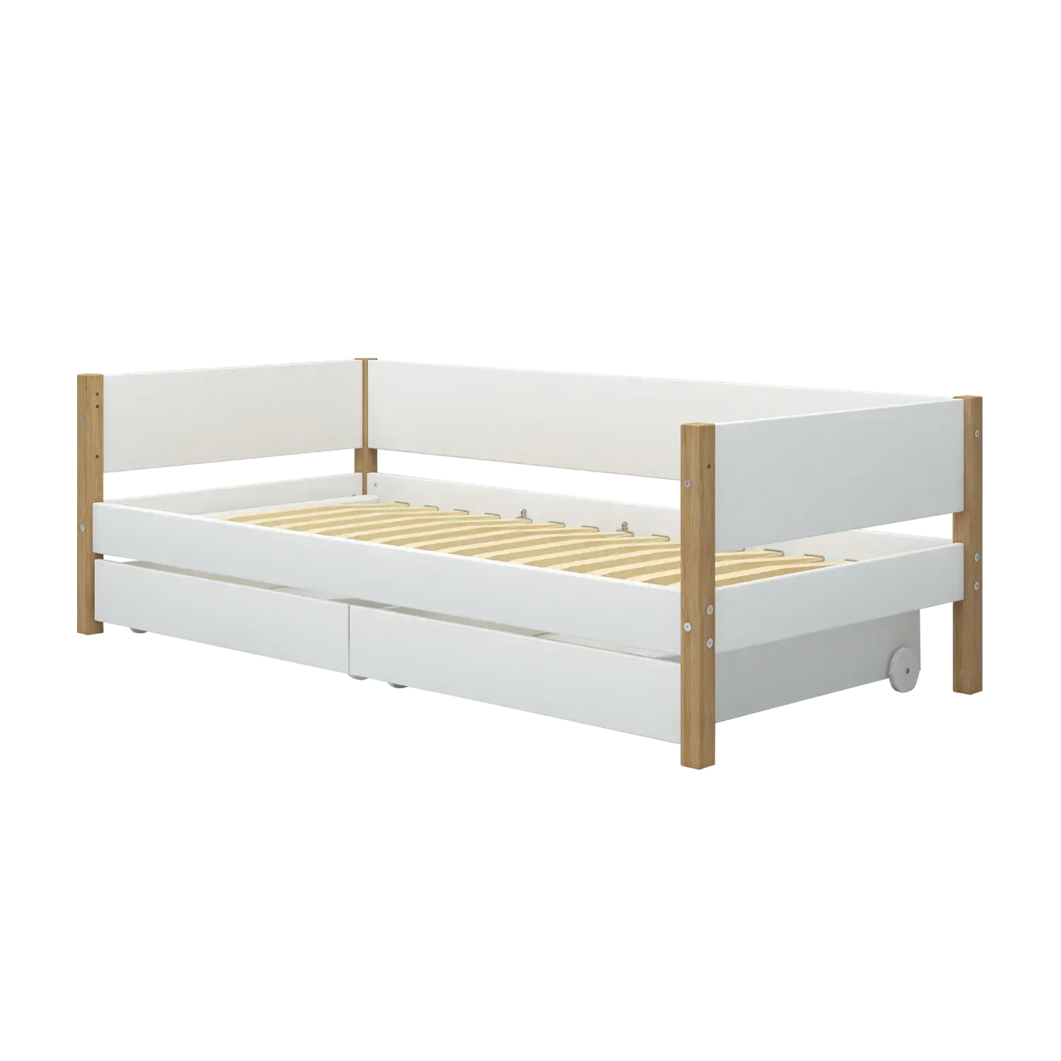 Lit simple avec rangement, 90x200 cm, Blanc/Chêne
