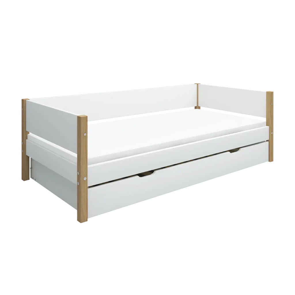 Lit simple avec lit gigogne, 90x200 cm, Blanc/Chêne