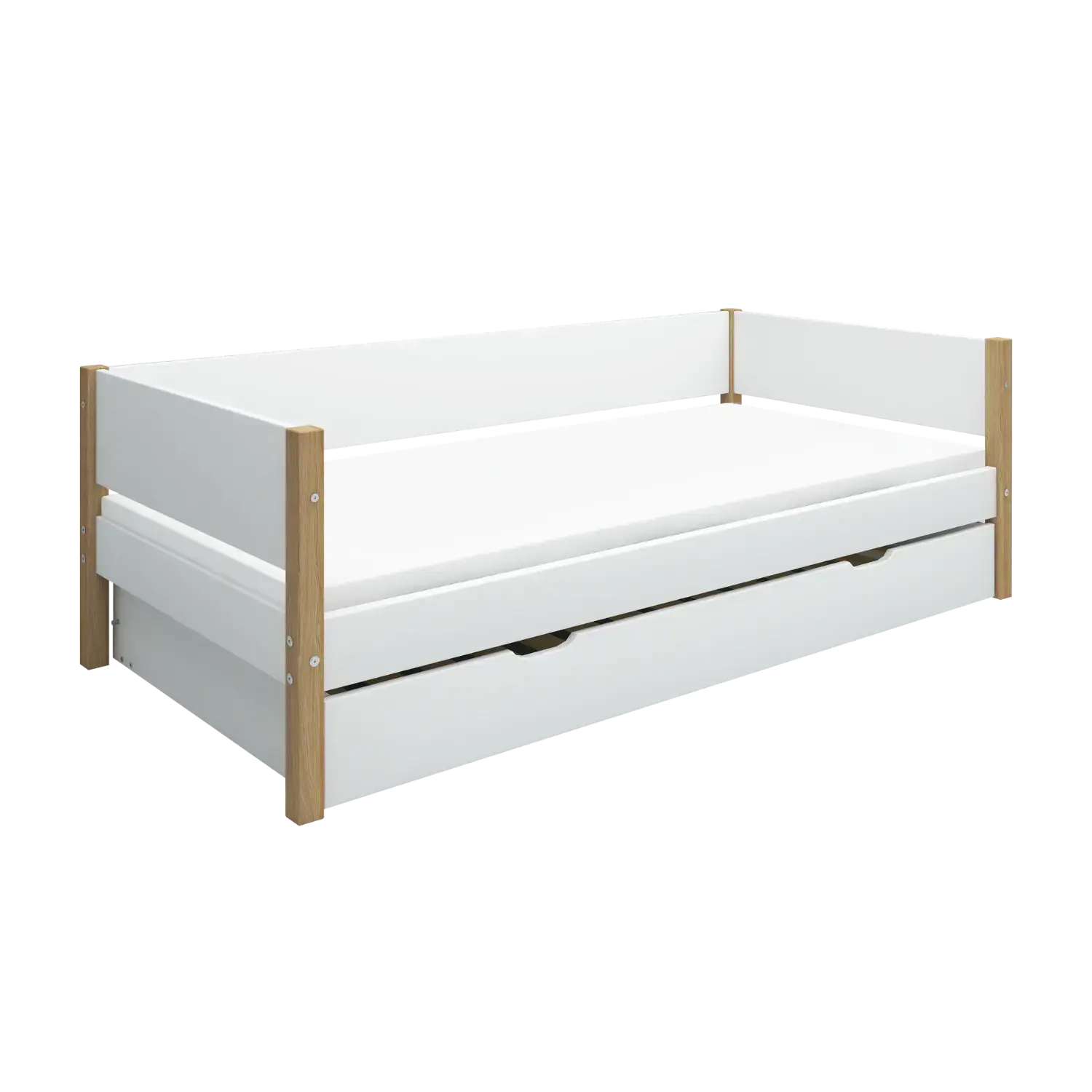 Lit simple avec lit gigogne, 90x200 cm, Blanc/Chêne