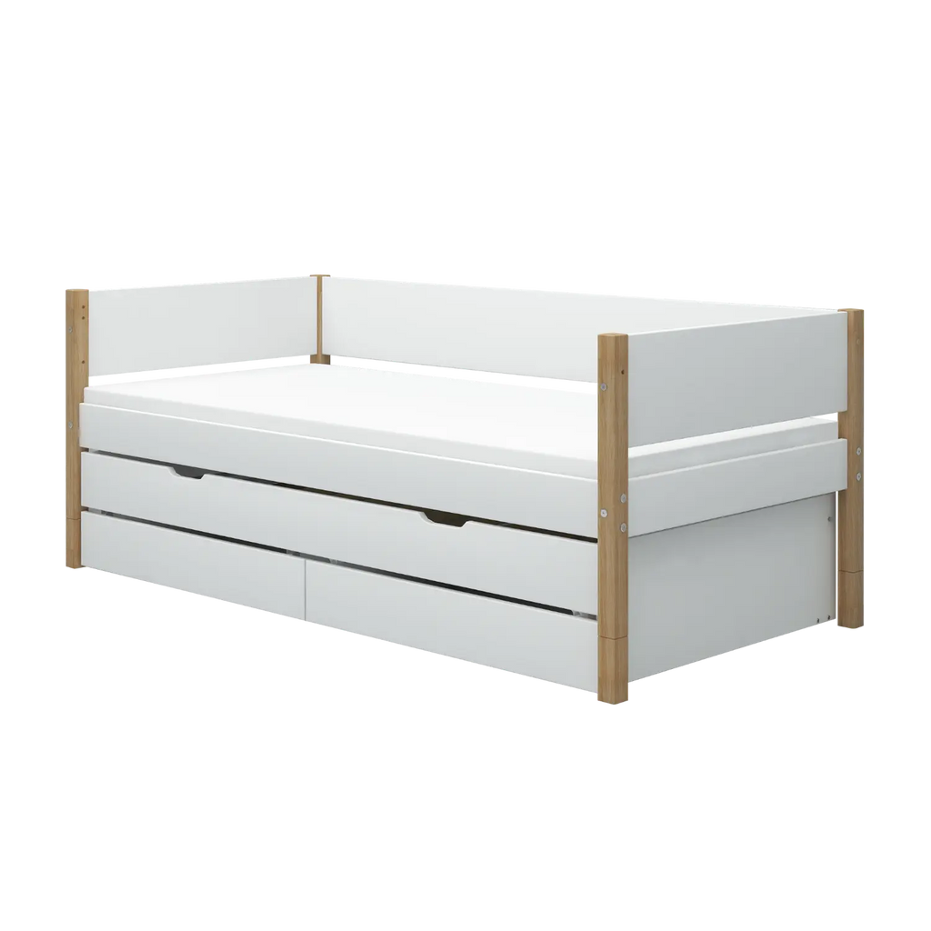 Lit simple avec rangement et lit gigogne, 90x200 cm, Blanc/Chêne