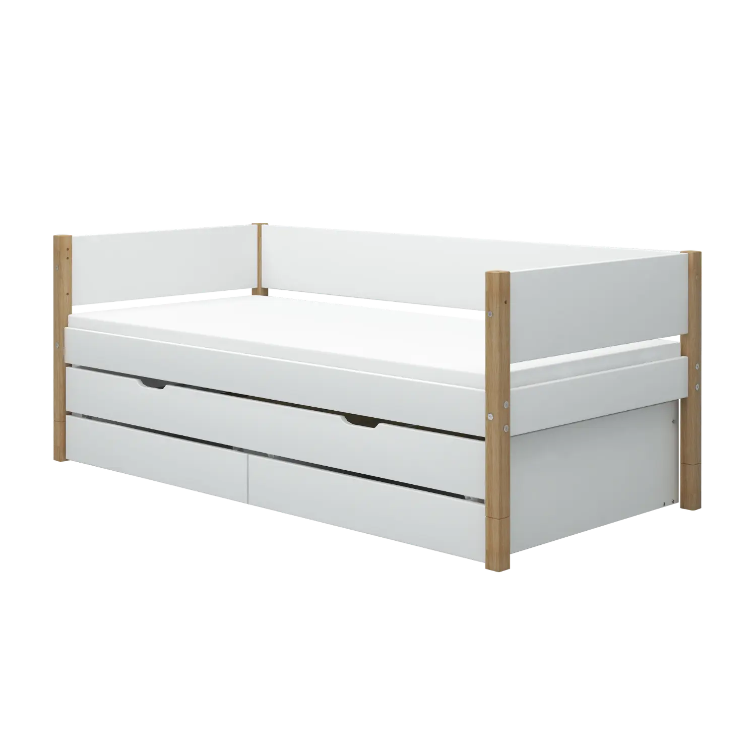 Lit simple avec rangement et lit gigogne, 90x200 cm, Blanc/Chêne