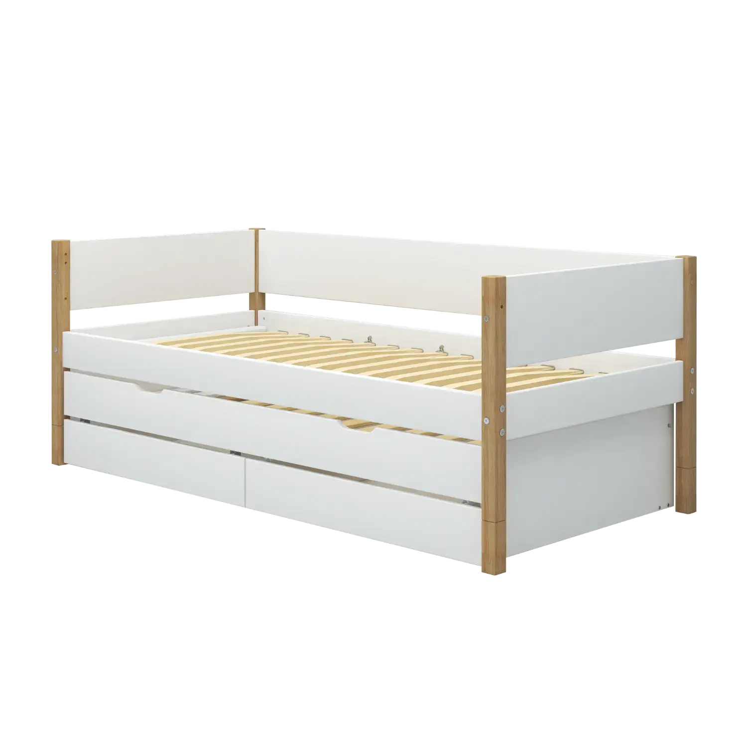 Lit simple avec rangement et lit gigogne, 90x200 cm, Blanc/Chêne