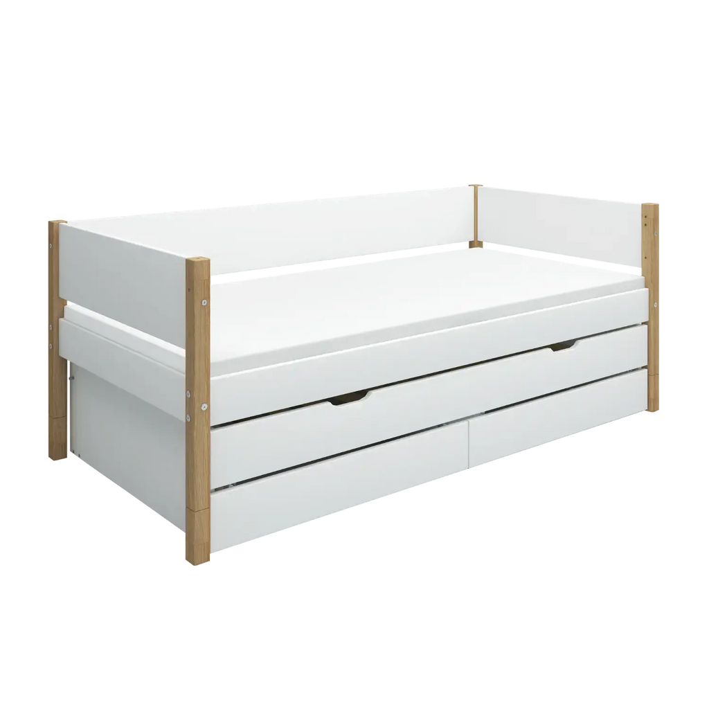 Lit simple avec rangement et lit gigogne, 90x200 cm, Blanc/Chêne