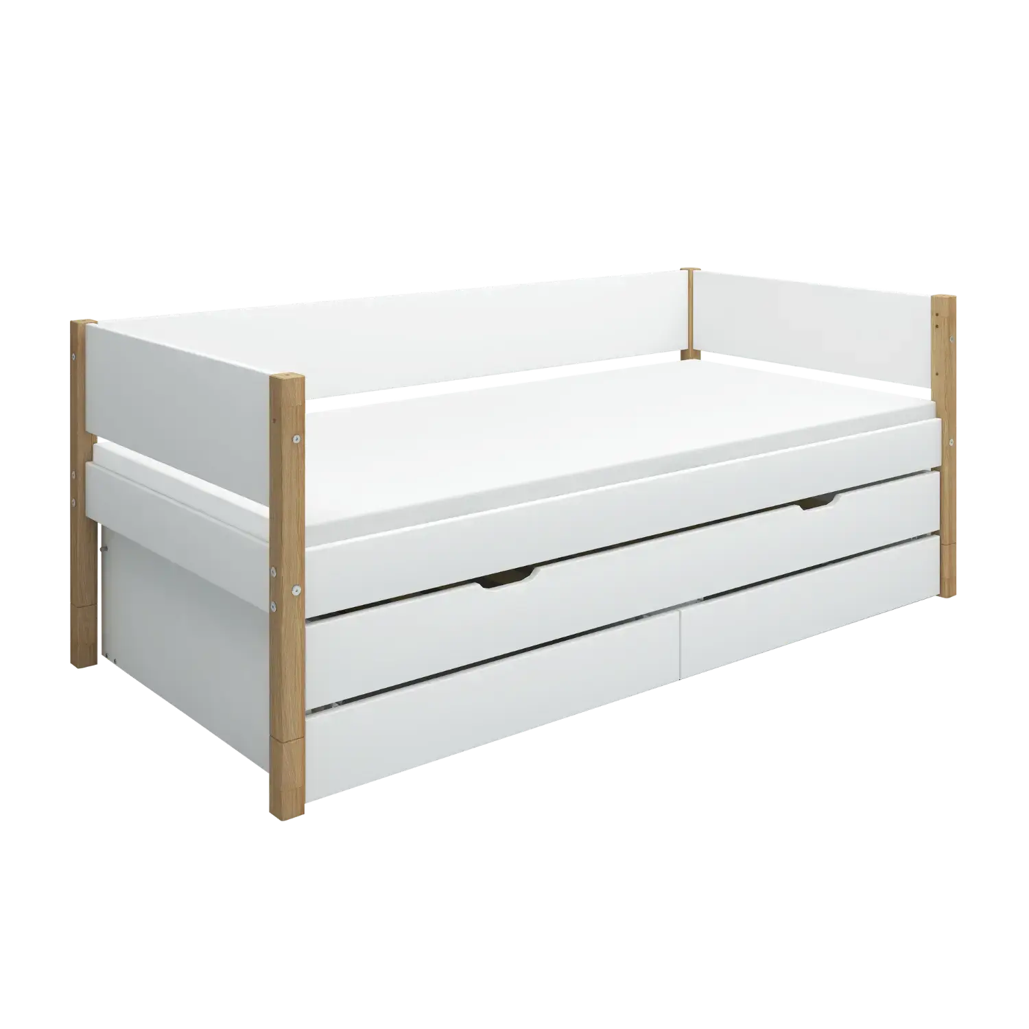 Lit simple avec rangement et lit gigogne, 90x200 cm, Blanc/Chêne