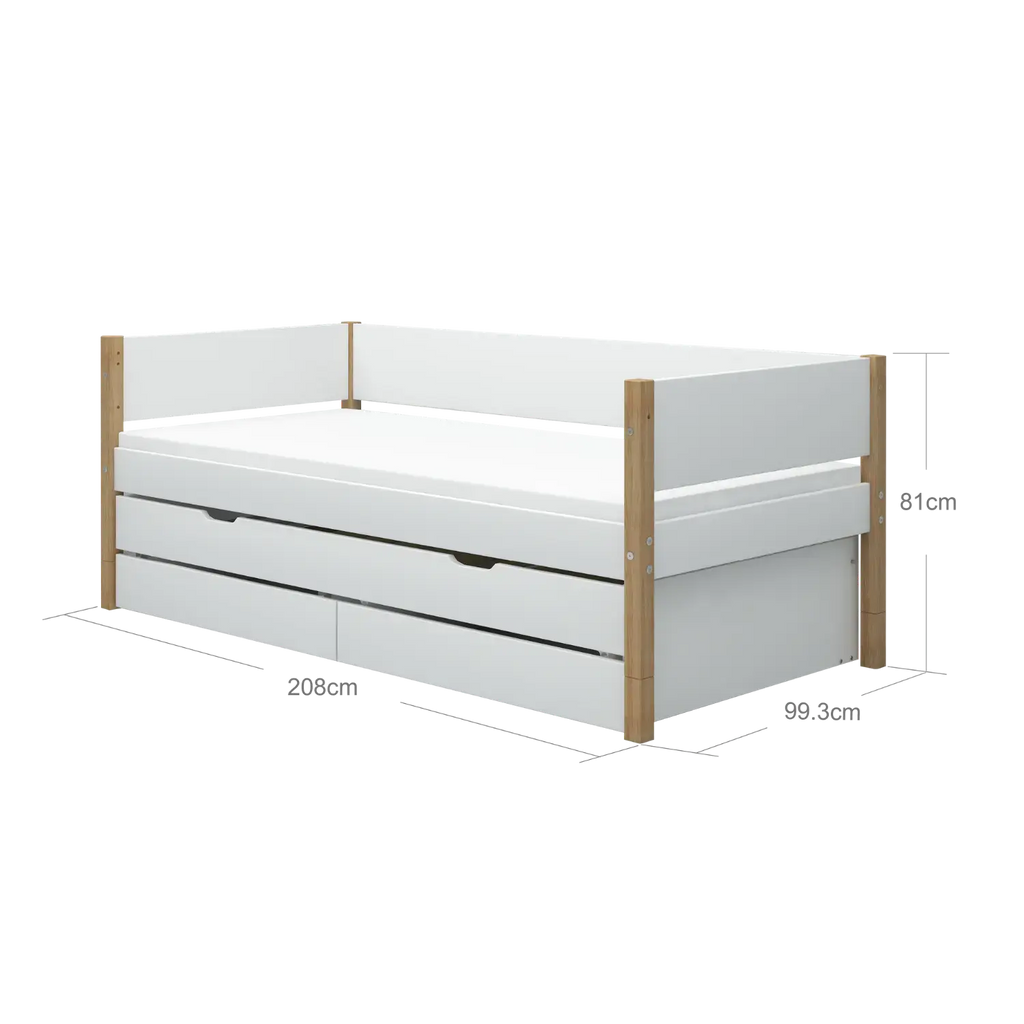 Lit simple avec rangement et lit gigogne, 90x200 cm, Blanc/Chêne