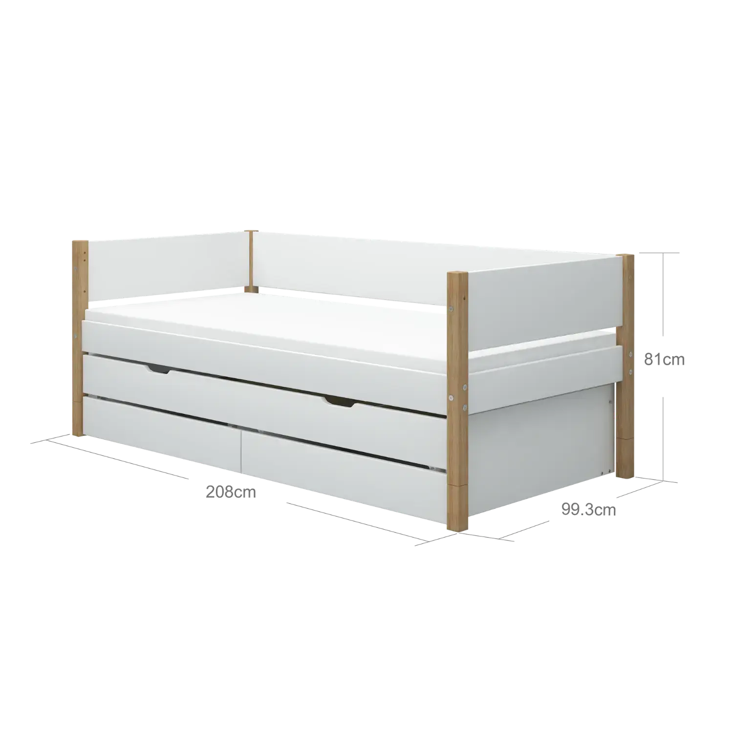 Lit simple avec rangement et lit gigogne, 90x200 cm, Blanc/Chêne