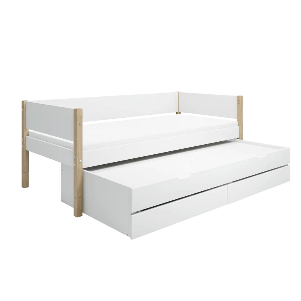 Lit simple avec rangement et lit gigogne, 90x200 cm, Blanc/Chêne