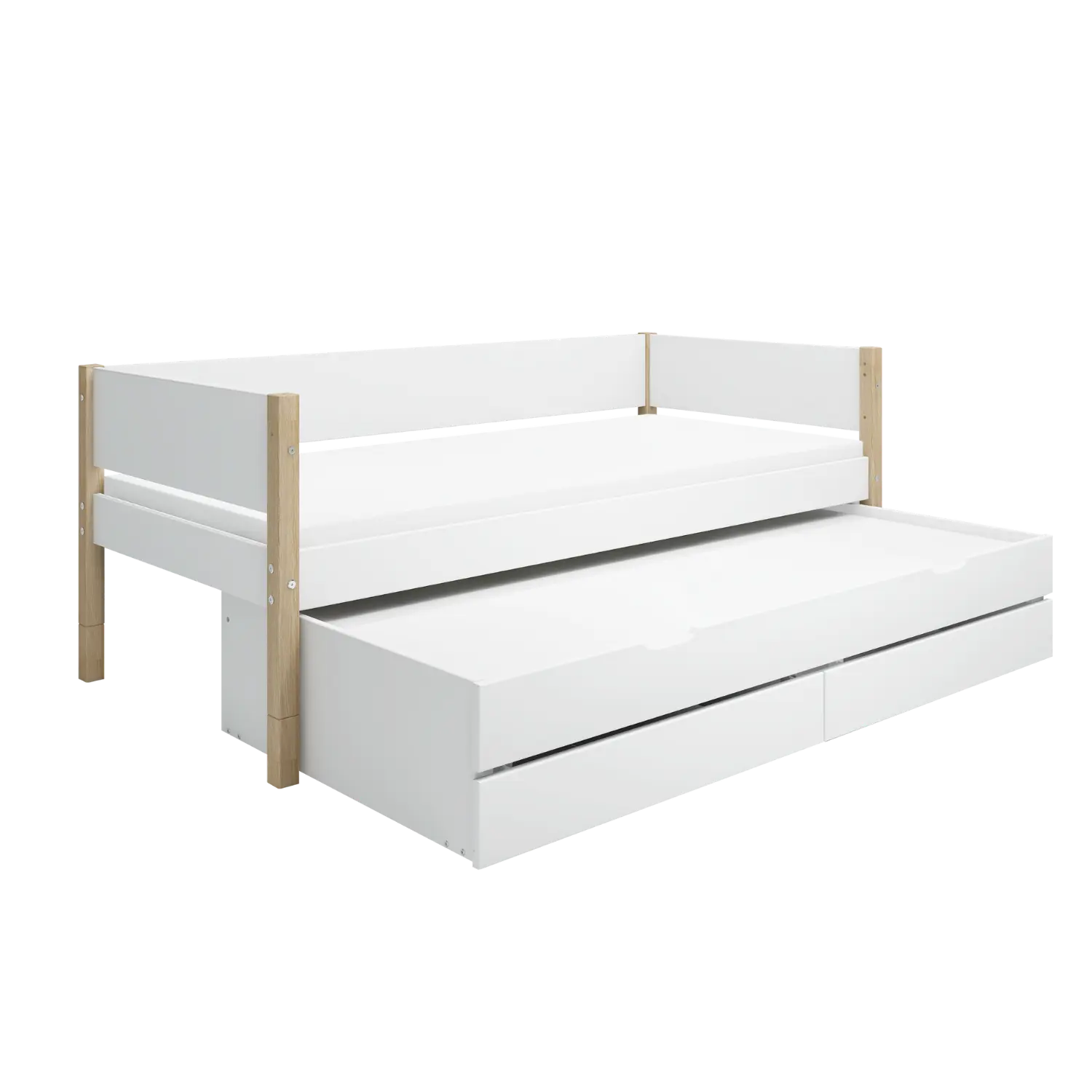 Lit simple avec rangement et lit gigogne, 90x200 cm, Blanc/Chêne