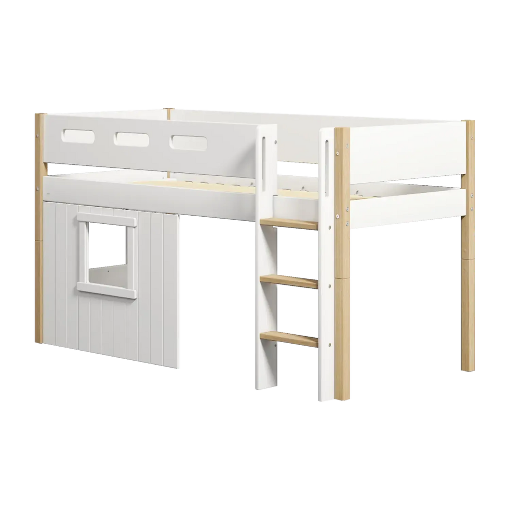 Lit surélevé 120 cm avec cabane, échelle et barrière de sécurité, 90x200 cm, Blanc/Chêne