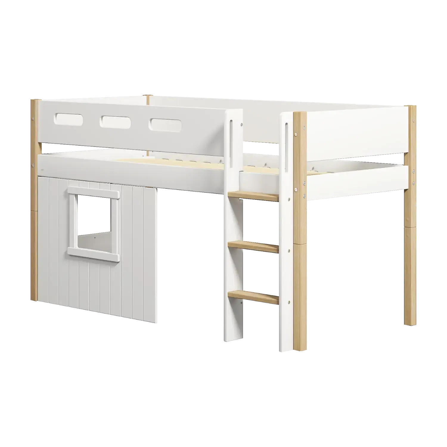 Lit surélevé 120 cm avec cabane, échelle et barrière de sécurité, 90x200 cm, Blanc/Chêne