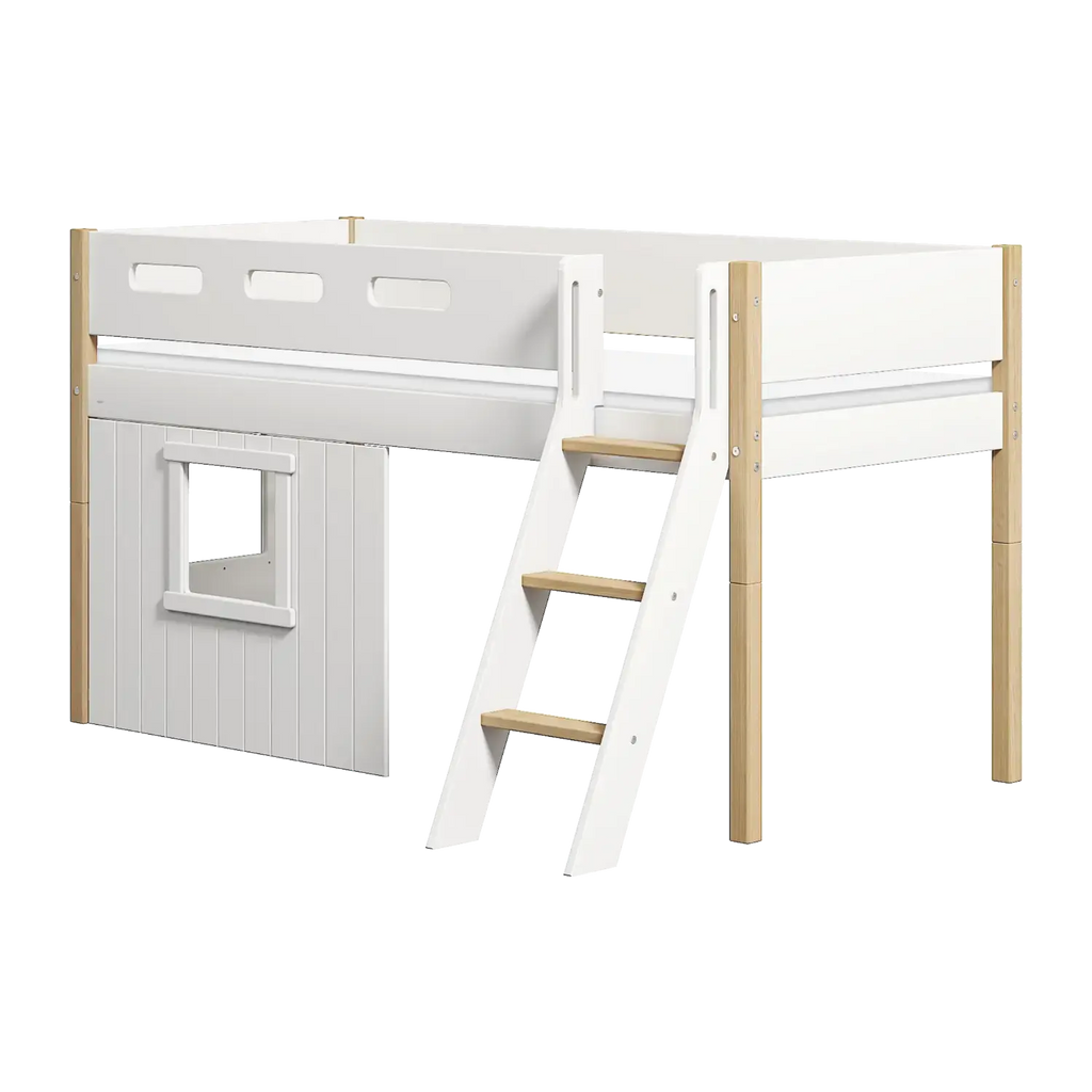 Lit mezzanine 120 cm avec cabane, échelle et barrière de sécurité, 90x200 cm, Blanc/Chêne