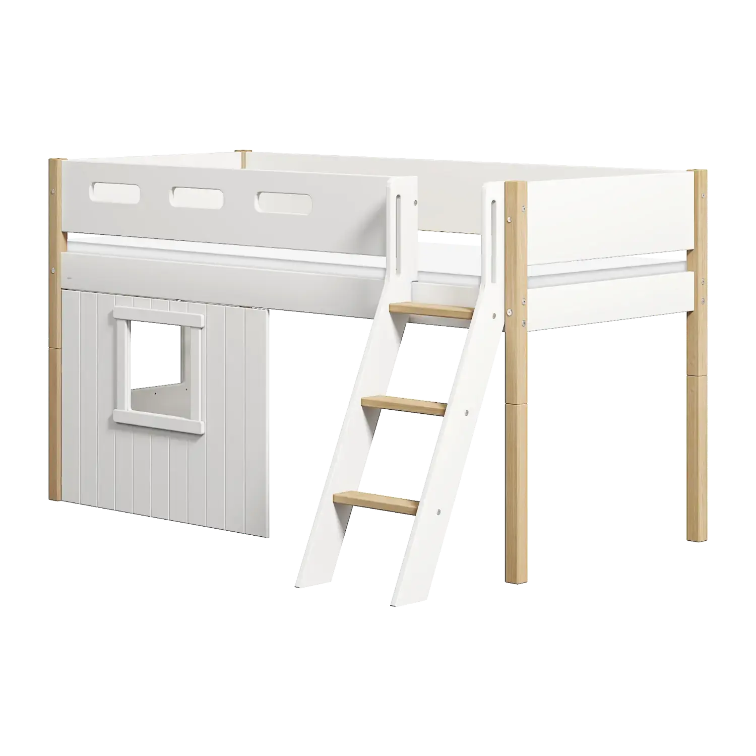 Lit mezzanine 120 cm avec cabane, échelle et barrière de sécurité, 90x200 cm, Blanc/Chêne